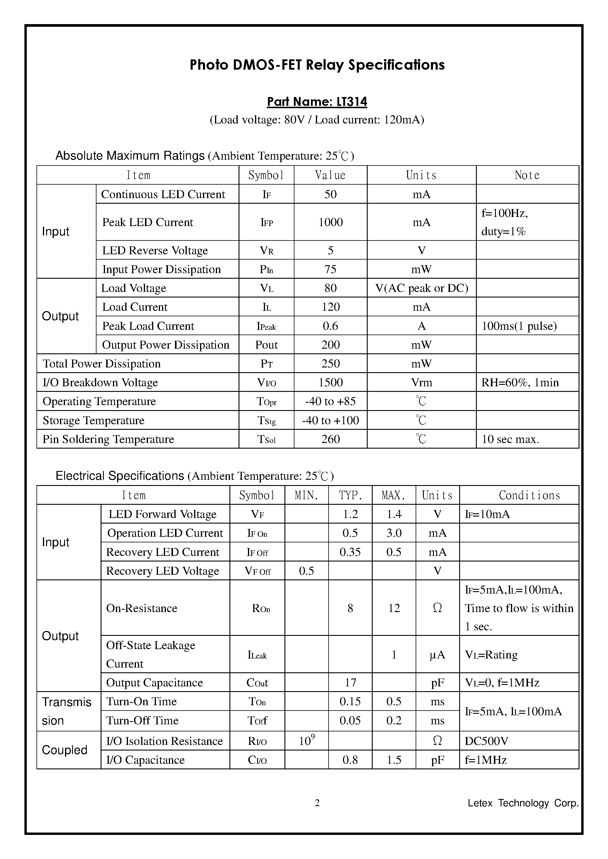 Даташит LT314 - Photo DMOS-FET Relay страница 2
