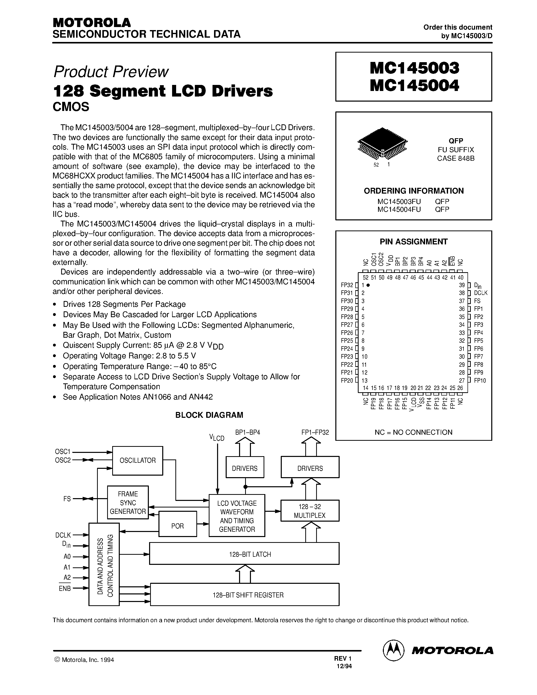Datasheet MC145003 - (MC145003 / MC145004) 128 Segment LCD Drivers page 1