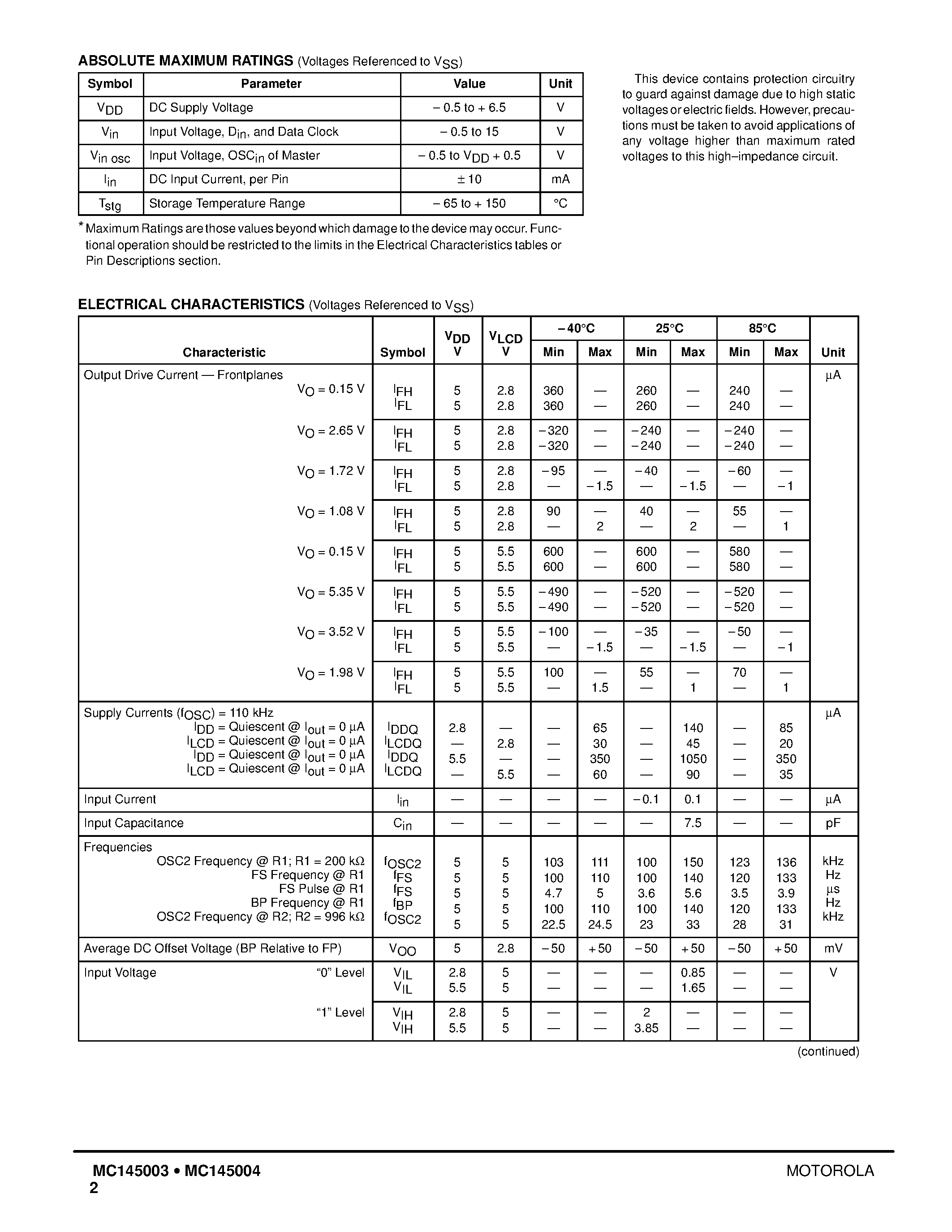 Datasheet MC145003 page 2 Datasheet MC145003 - (MC145003 / MC145004) 128 Segment LCD Drivers page 2