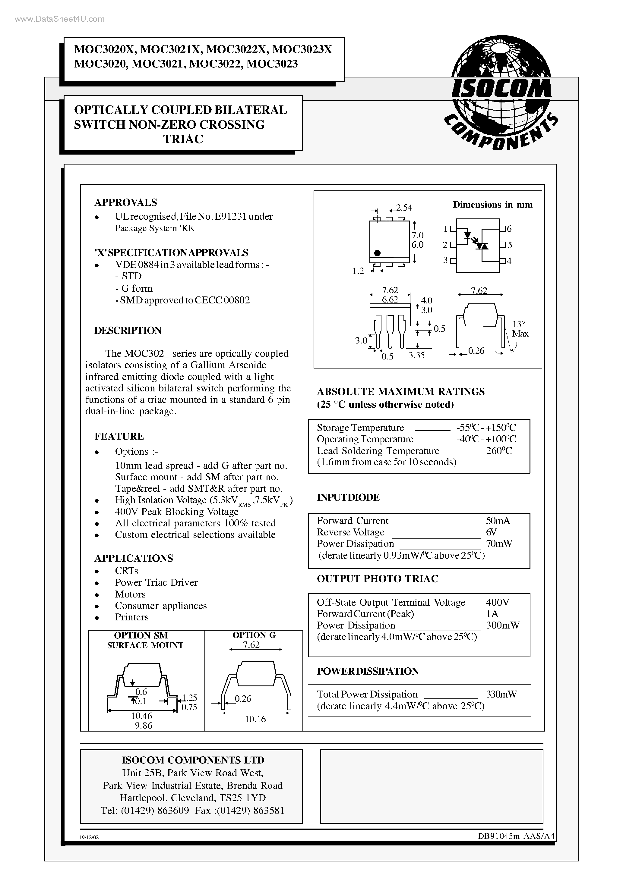 Даташит на микросхему MOC3020 страница 1 Даташит MOC3020 - (MOC3020X - MOC3023X) OPTICALLY COUPLED BILATERAL SWITCH NON-ZERO CROSSING TRIAC страница 1