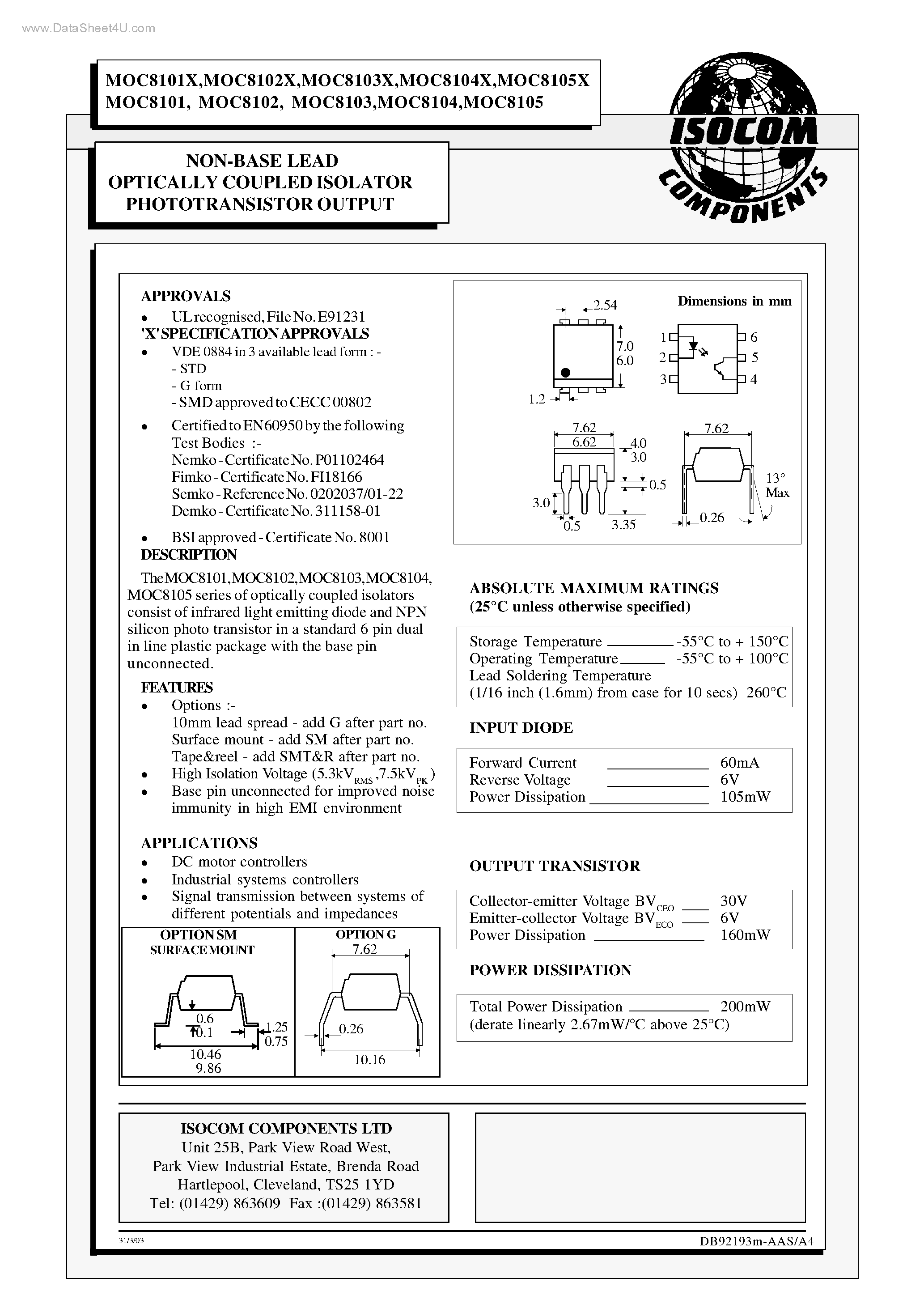 Даташит MOC8101 - (MOC8101X - MOC8105X) NON-BASE LEAD OPTICALLY COUPLED ISOLATOR PHOTOTRANSISTOR OUTPUT страница 1