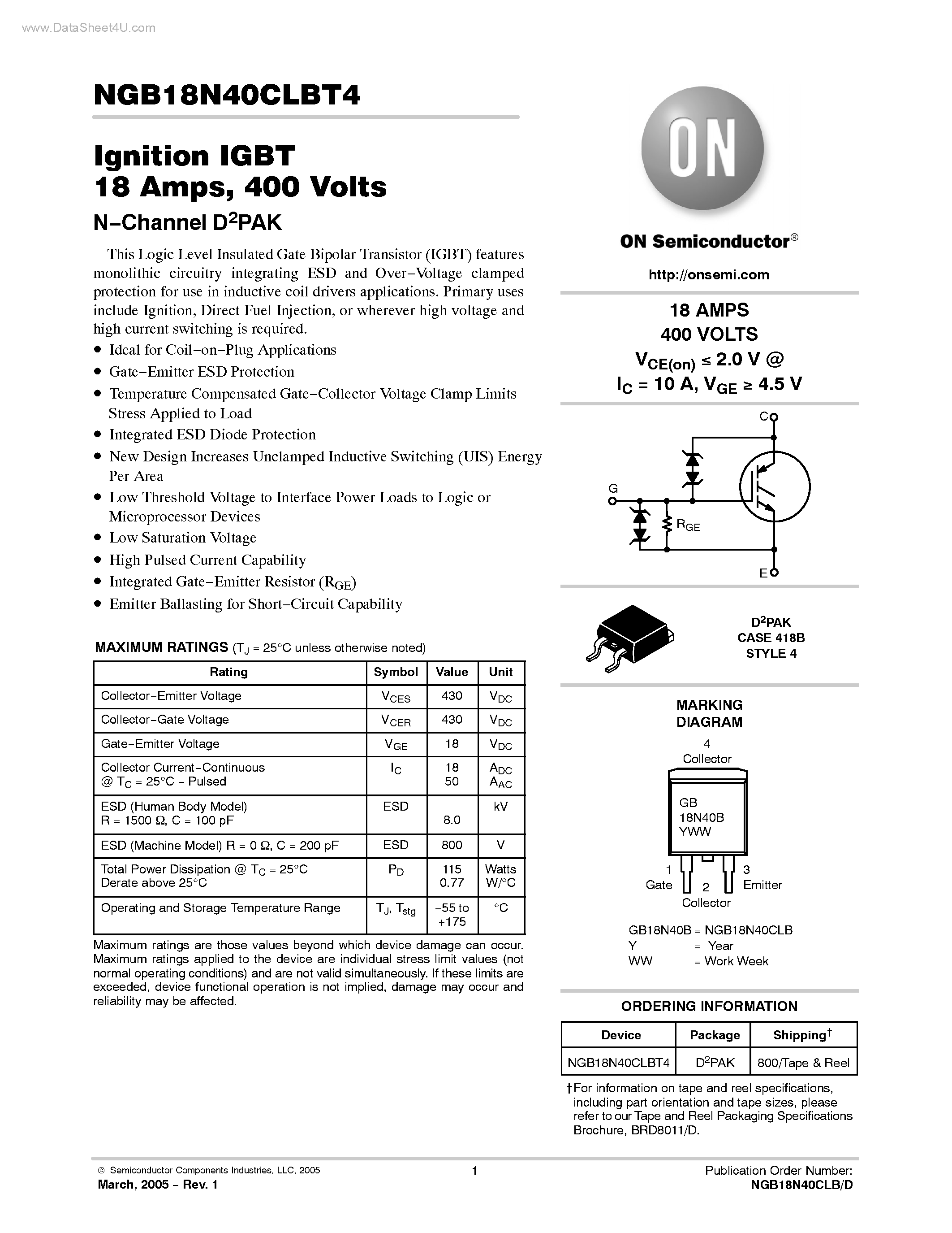 Datasheet NGB18N40CLBT4 - N-Channel D2PAK page 1