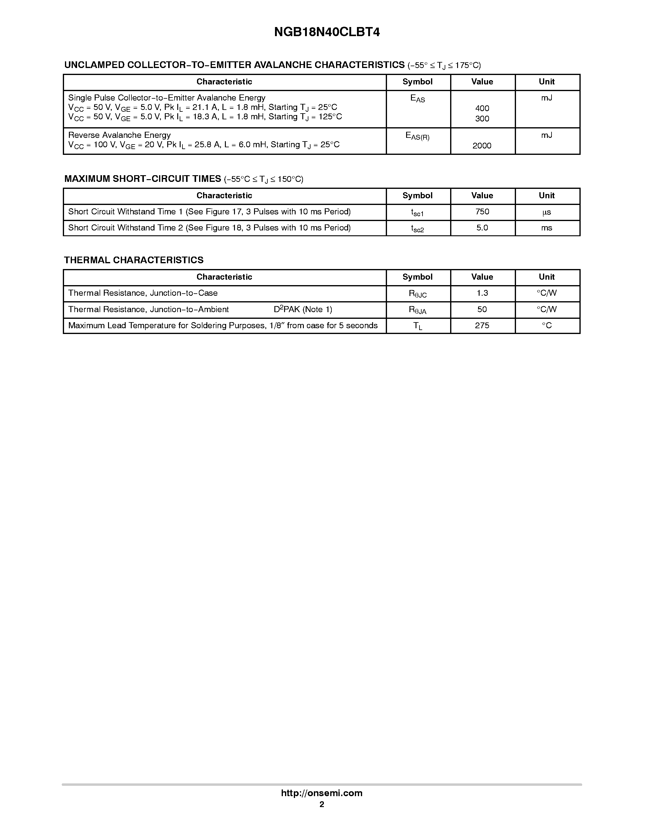 Datasheet NGB18N40CLBT4 - N-Channel D2PAK page 2