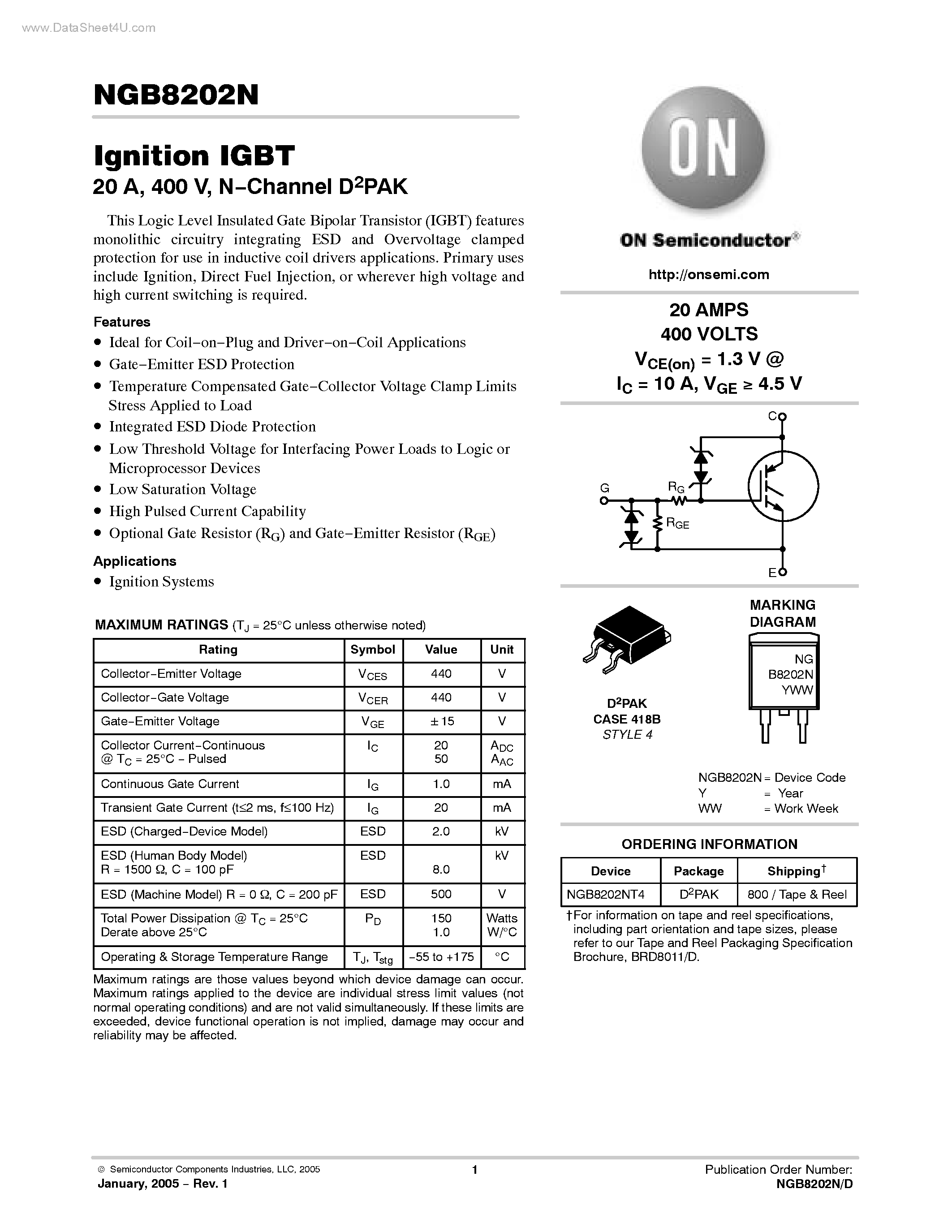 Datasheet NGB8202N - N-Channel D2PAK page 1