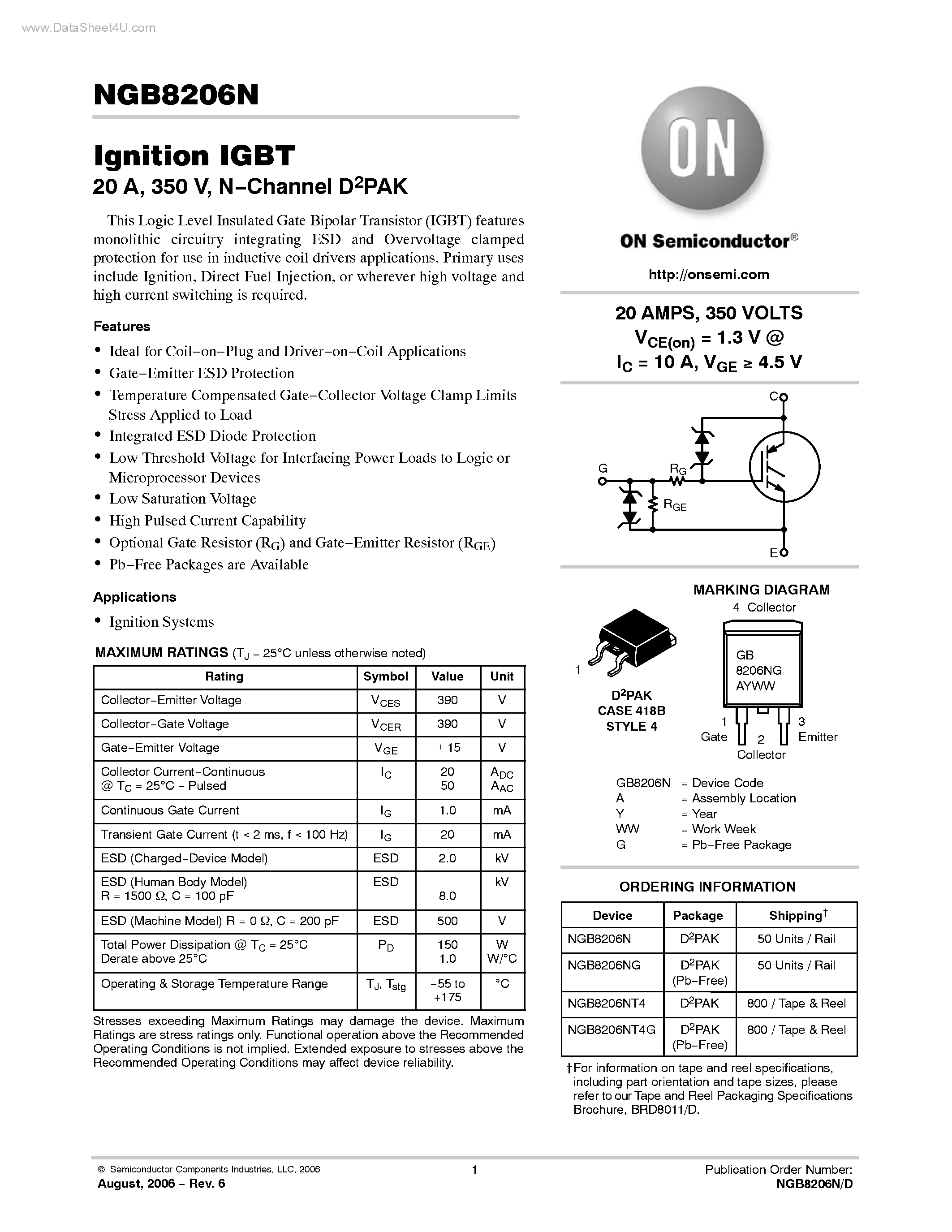 Datasheet NGB8206N - N-Channel D2PAK page 1