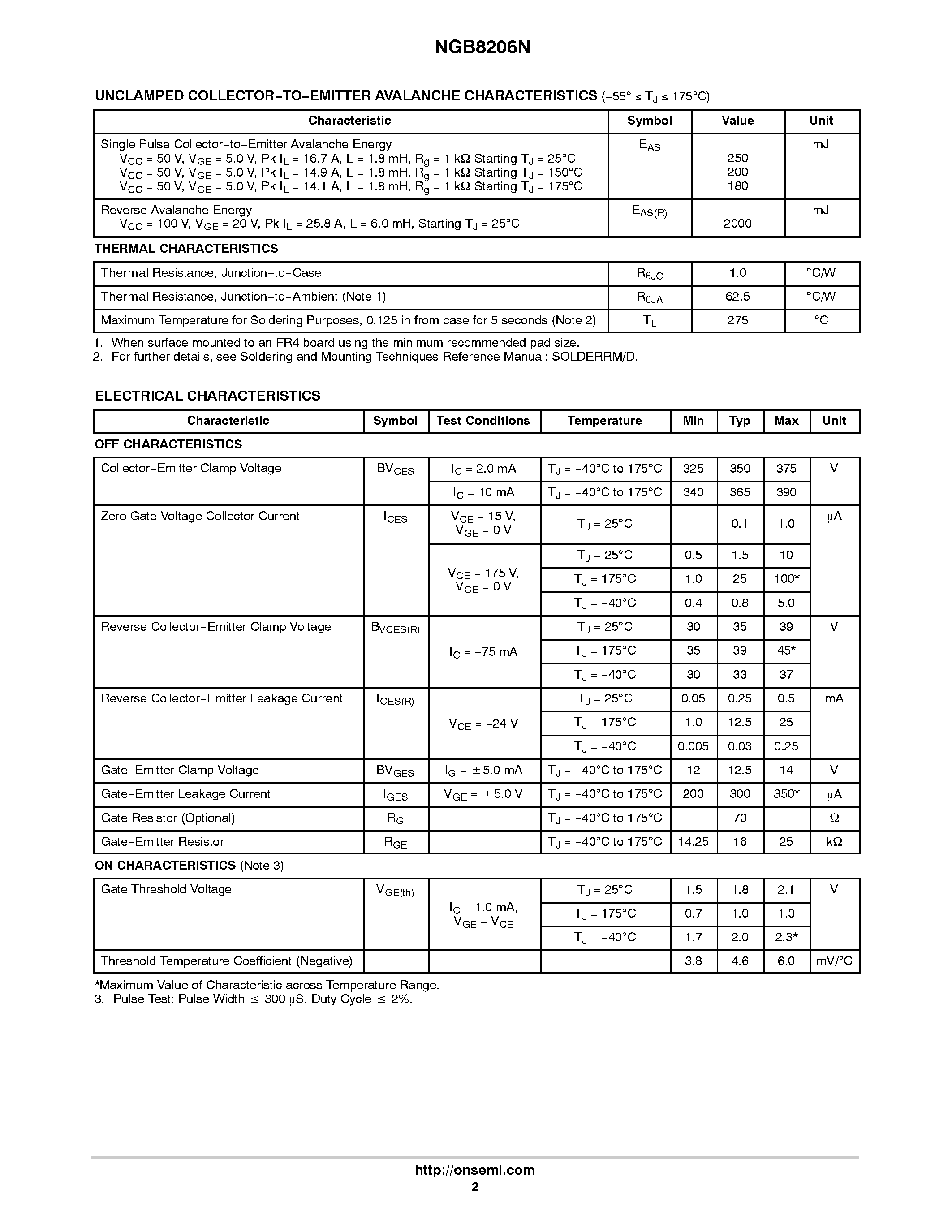 Datasheet NGB8206N - N-Channel D2PAK page 2