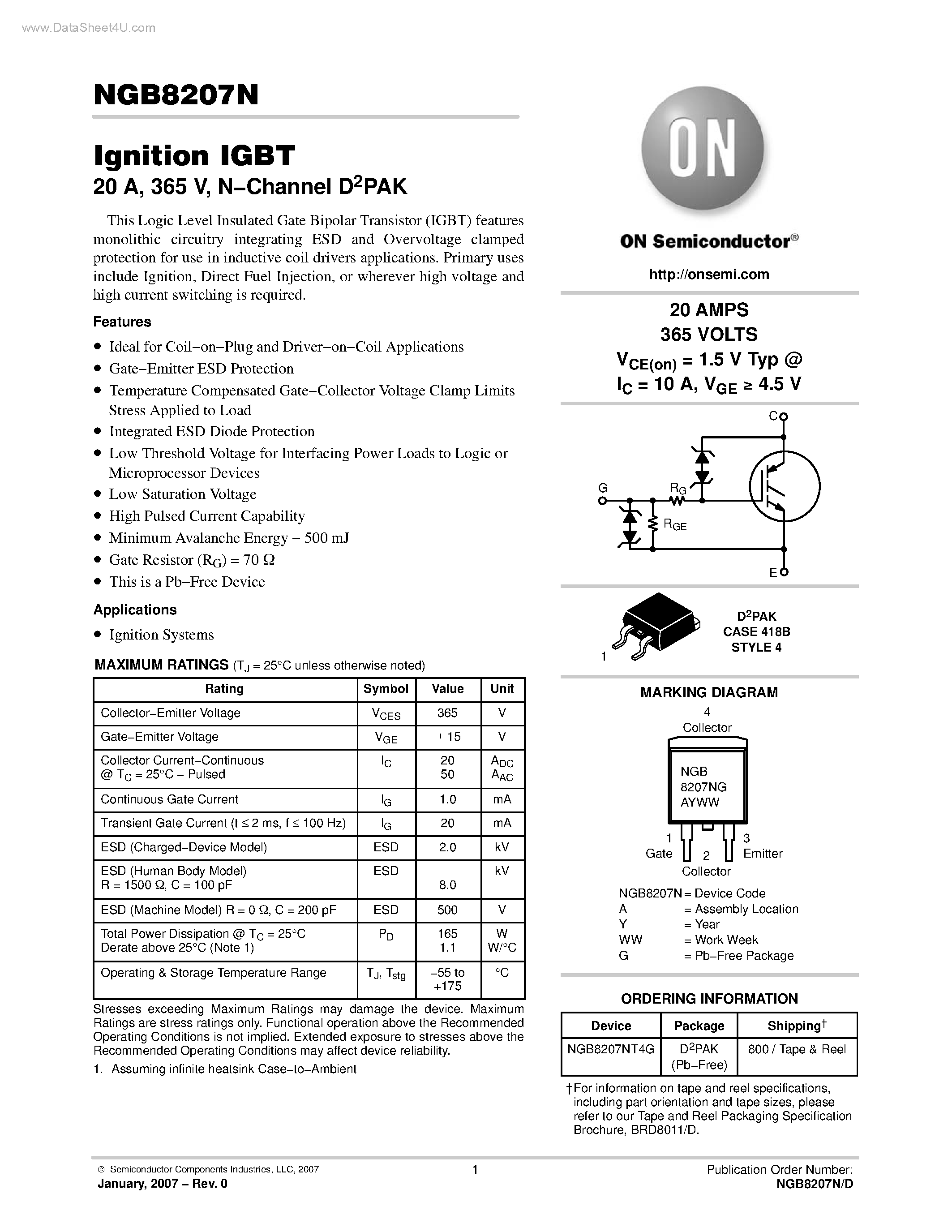 Datasheet NGB8207N - N-Channel D2PAK page 1