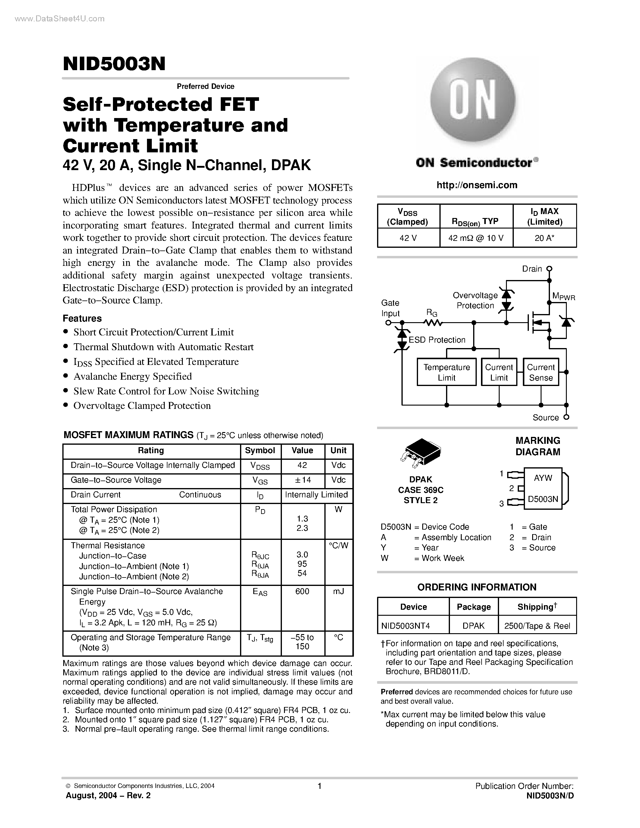 Datasheet NID5003N - Single N-Channel DPAK page 1