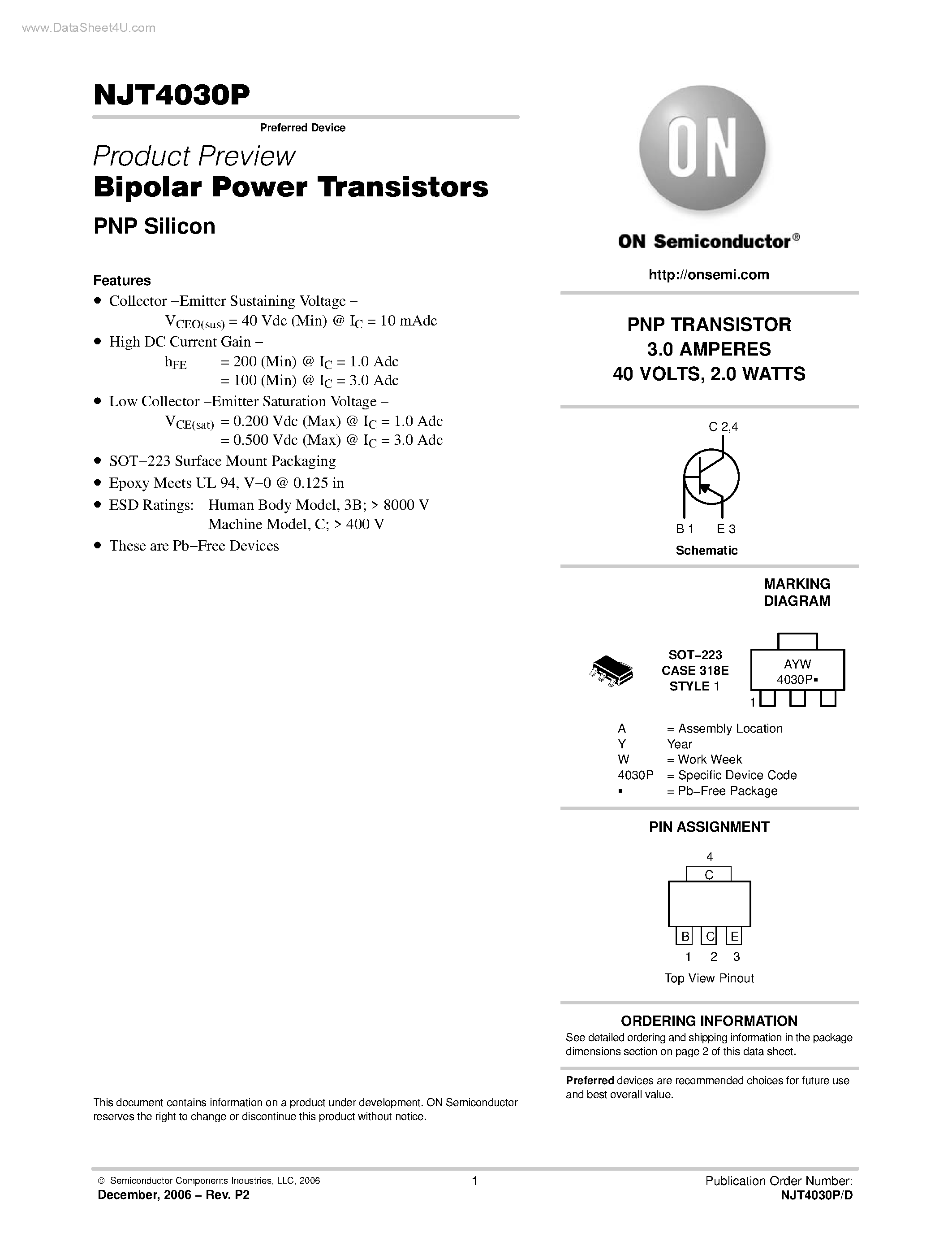 Datasheet NJT4030P - Bipolar Power Transistors PNP Silicon page 1