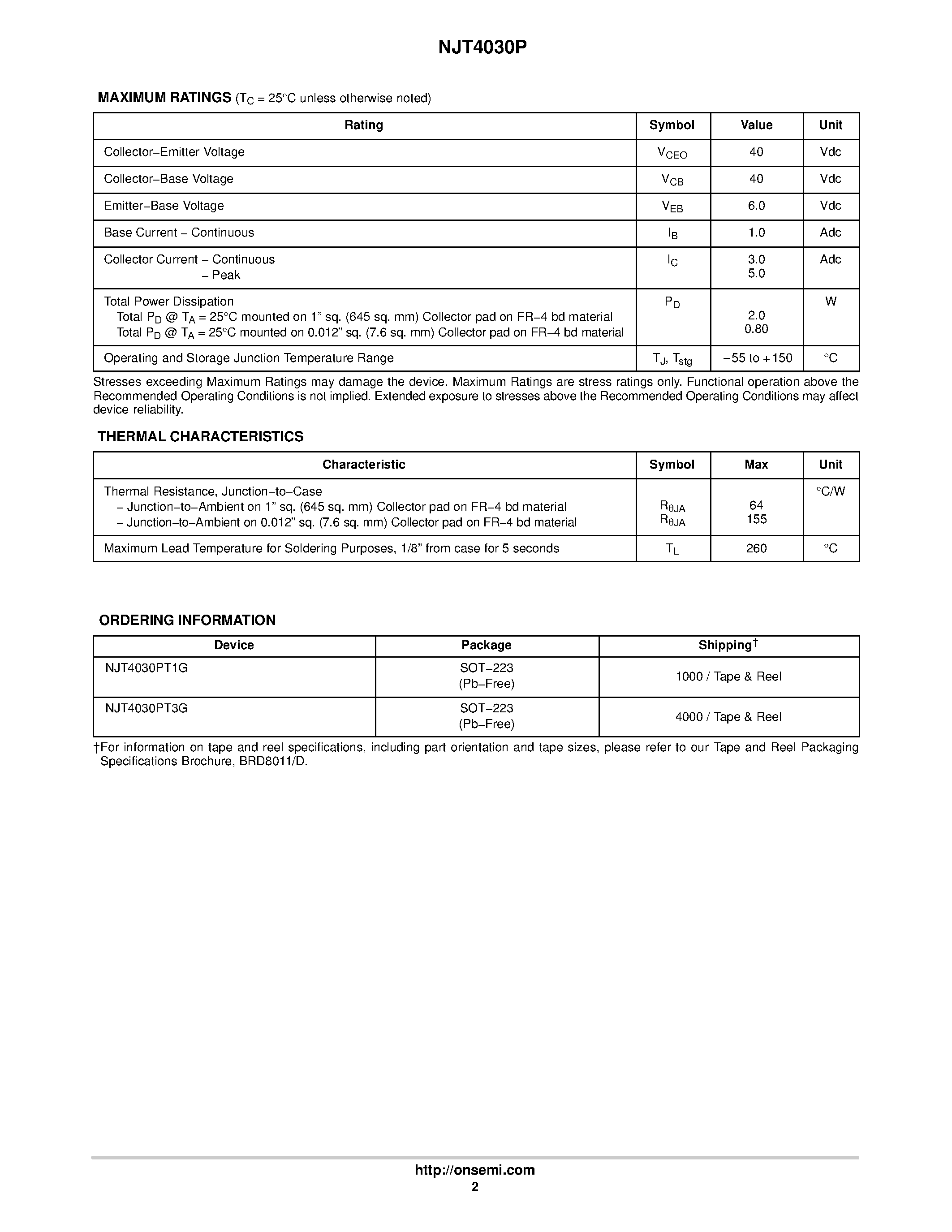 Datasheet NJT4030P - Bipolar Power Transistors PNP Silicon page 2