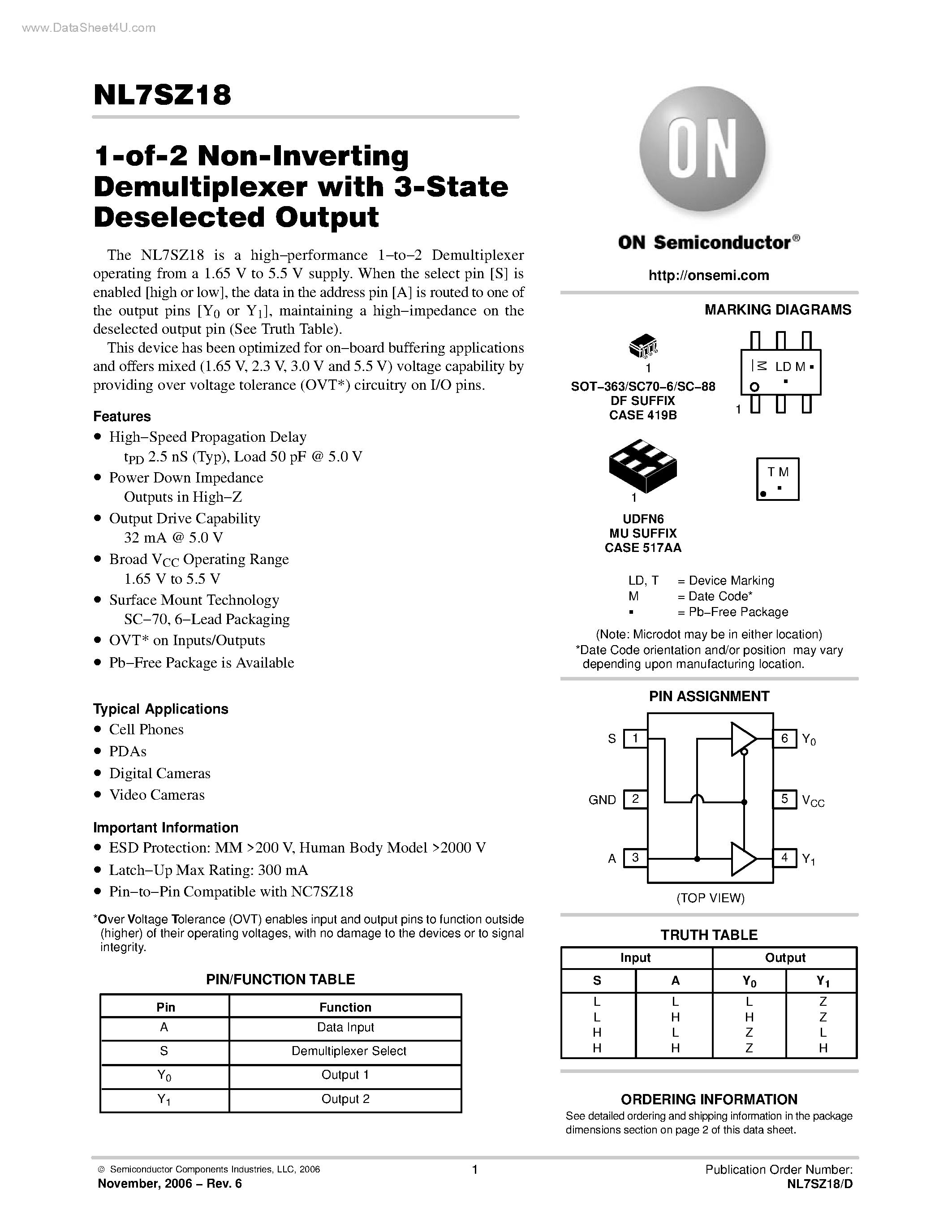 Datasheet NL7SZ18 - 1-of-2 Non-Inverting Demultiplexer page 1