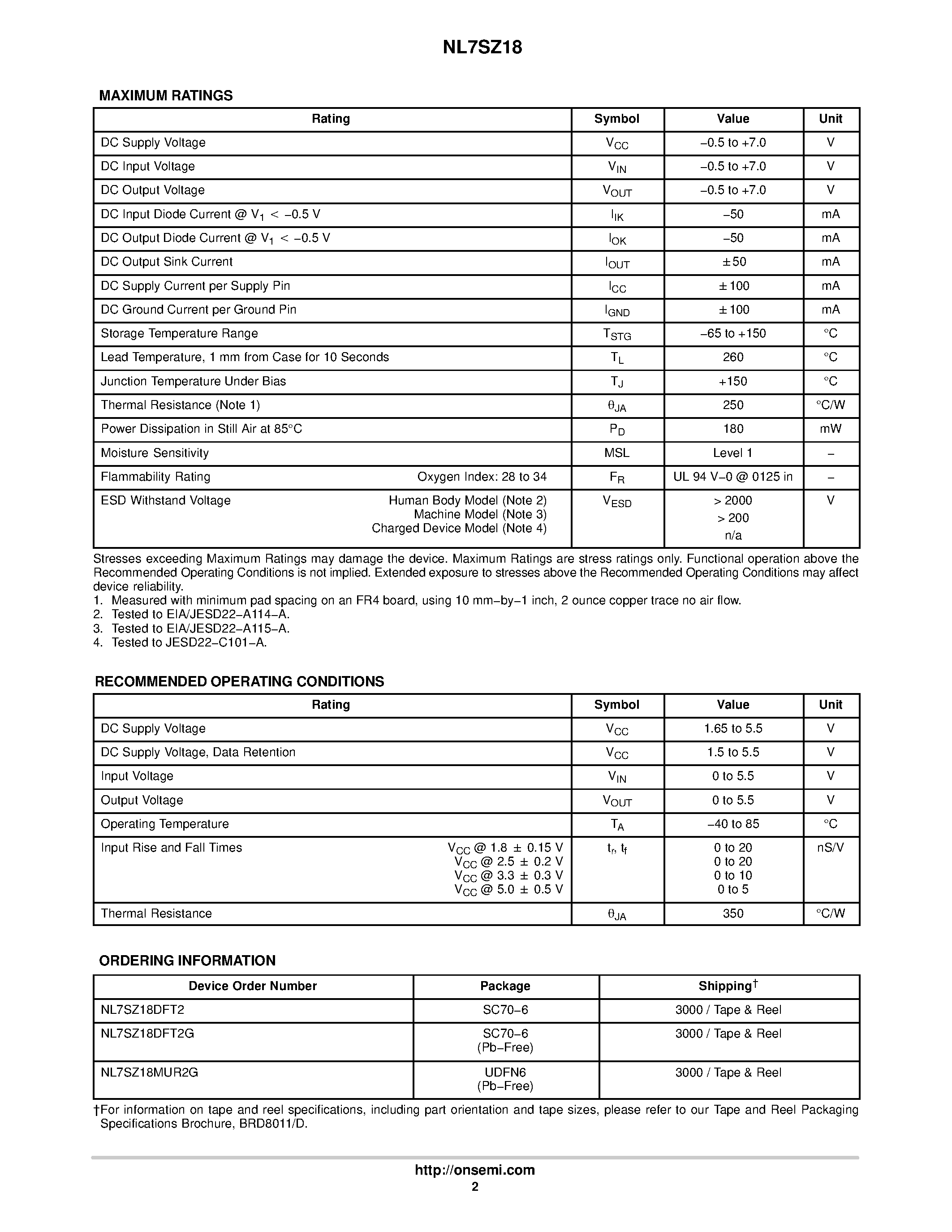 Datasheet NL7SZ18 - 1-of-2 Non-Inverting Demultiplexer page 2