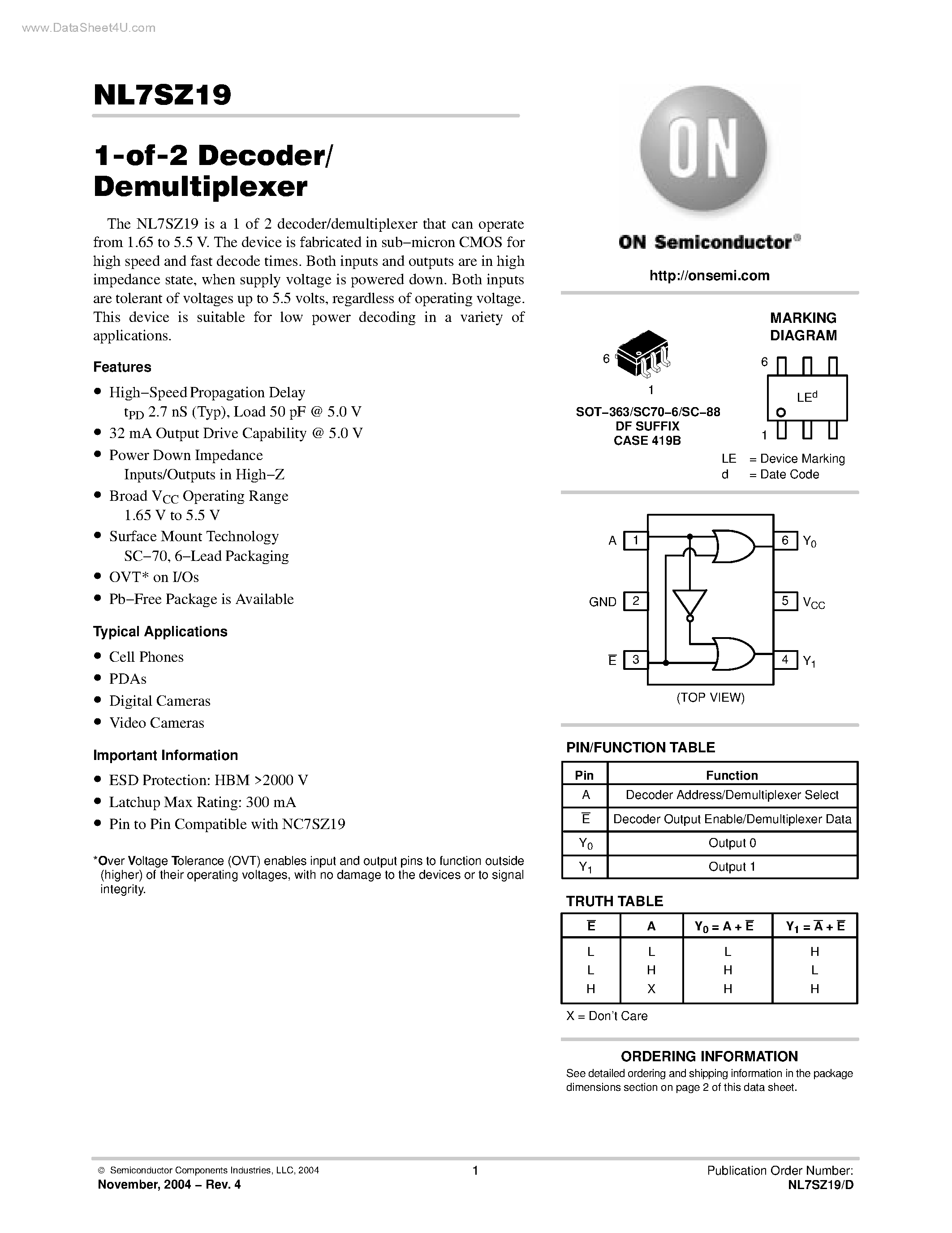 Datasheet NL7SZ19 - 1-of-2 Decoder/ Demultiplexer page 1