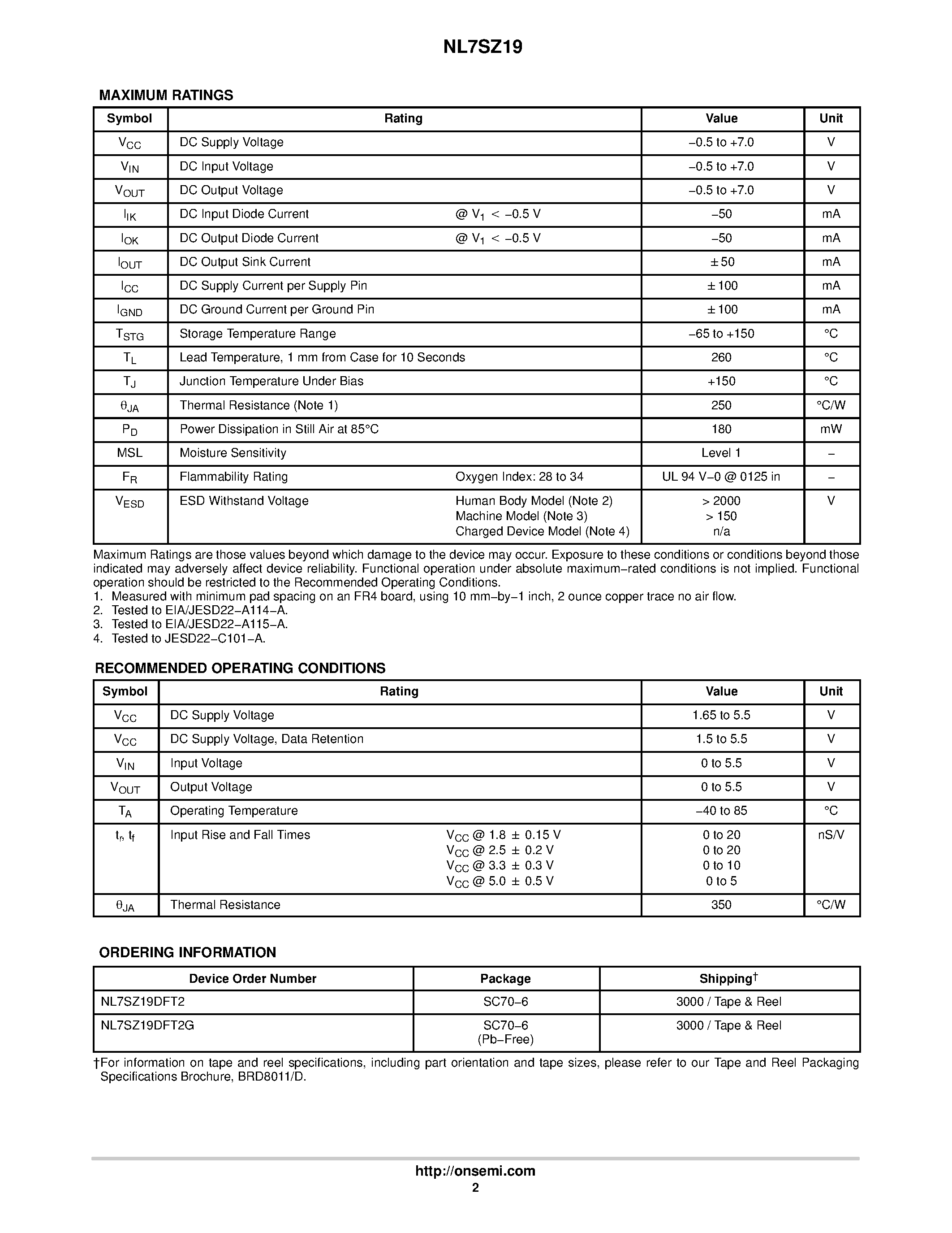 Datasheet NL7SZ19 - 1-of-2 Decoder/ Demultiplexer page 2