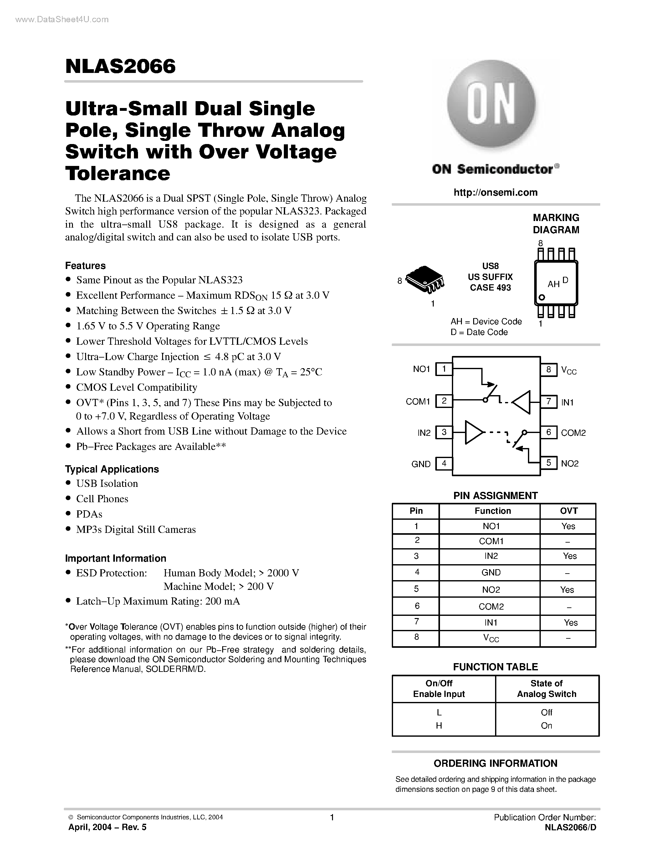 Datasheet NLAS2066 - Ultra-Small Dual Single Pole / Single Throw Analog Switch page 1