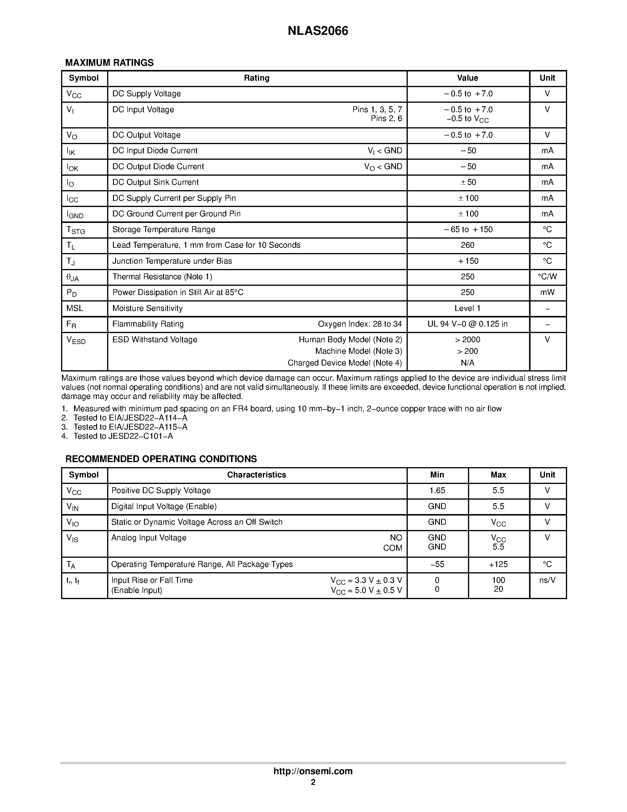 Datasheet NLAS2066 - Ultra-Small Dual Single Pole / Single Throw Analog Switch page 2