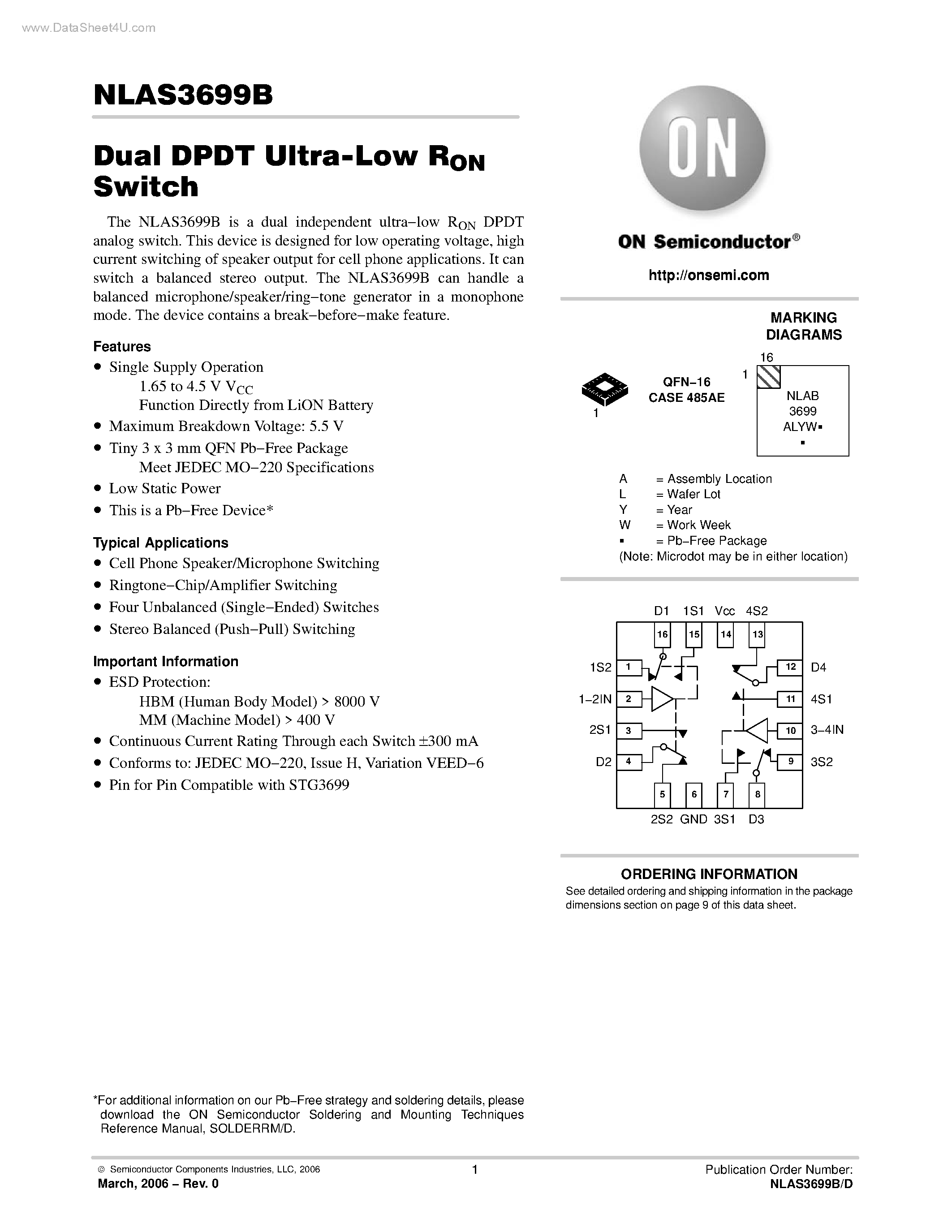 Datasheet NLAS3699B - Dual DPDT Ultra-Low RON Switch page 1