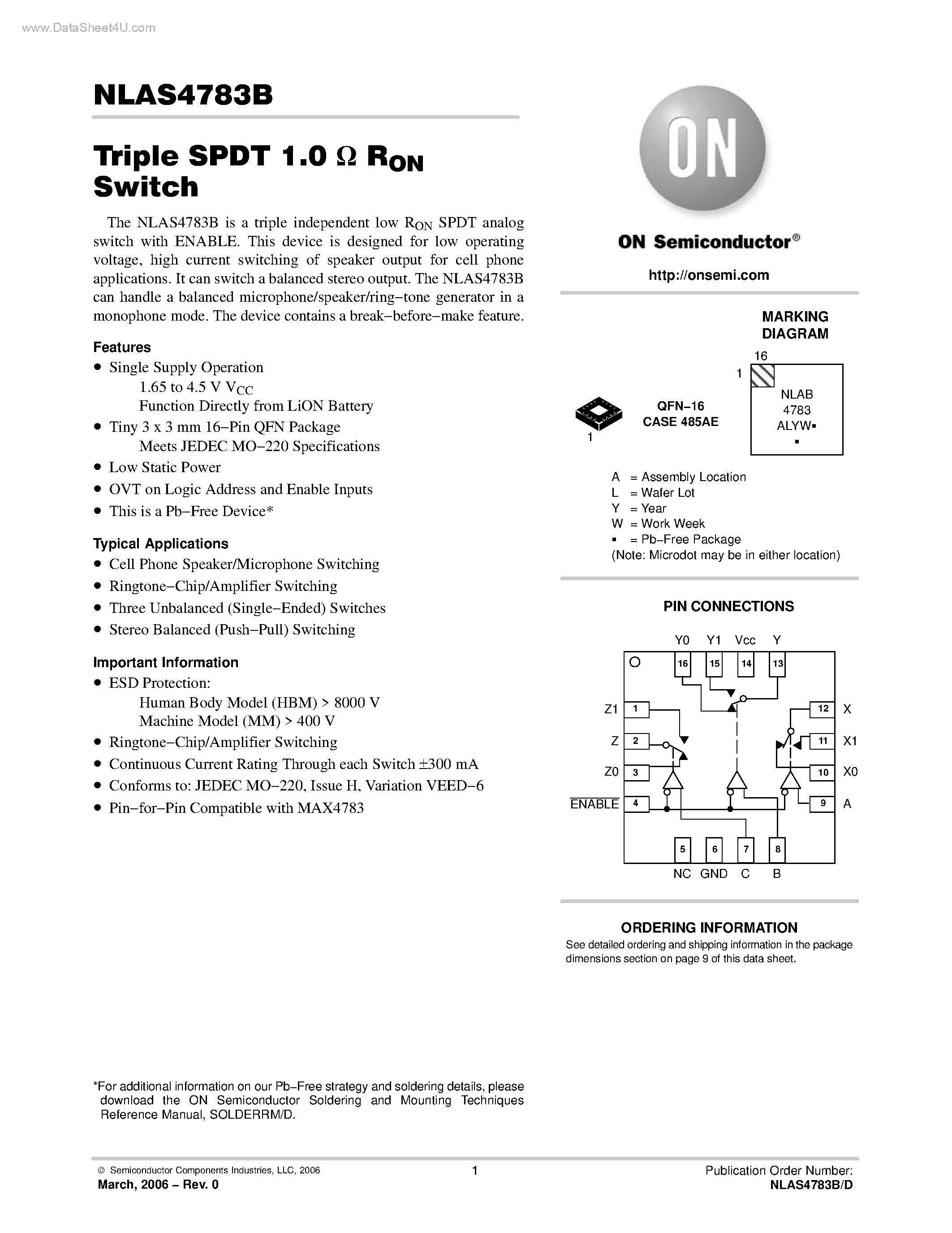 Datasheet NLAS4783B - Triple SPDT 1.0 ohm RON Switch page 1