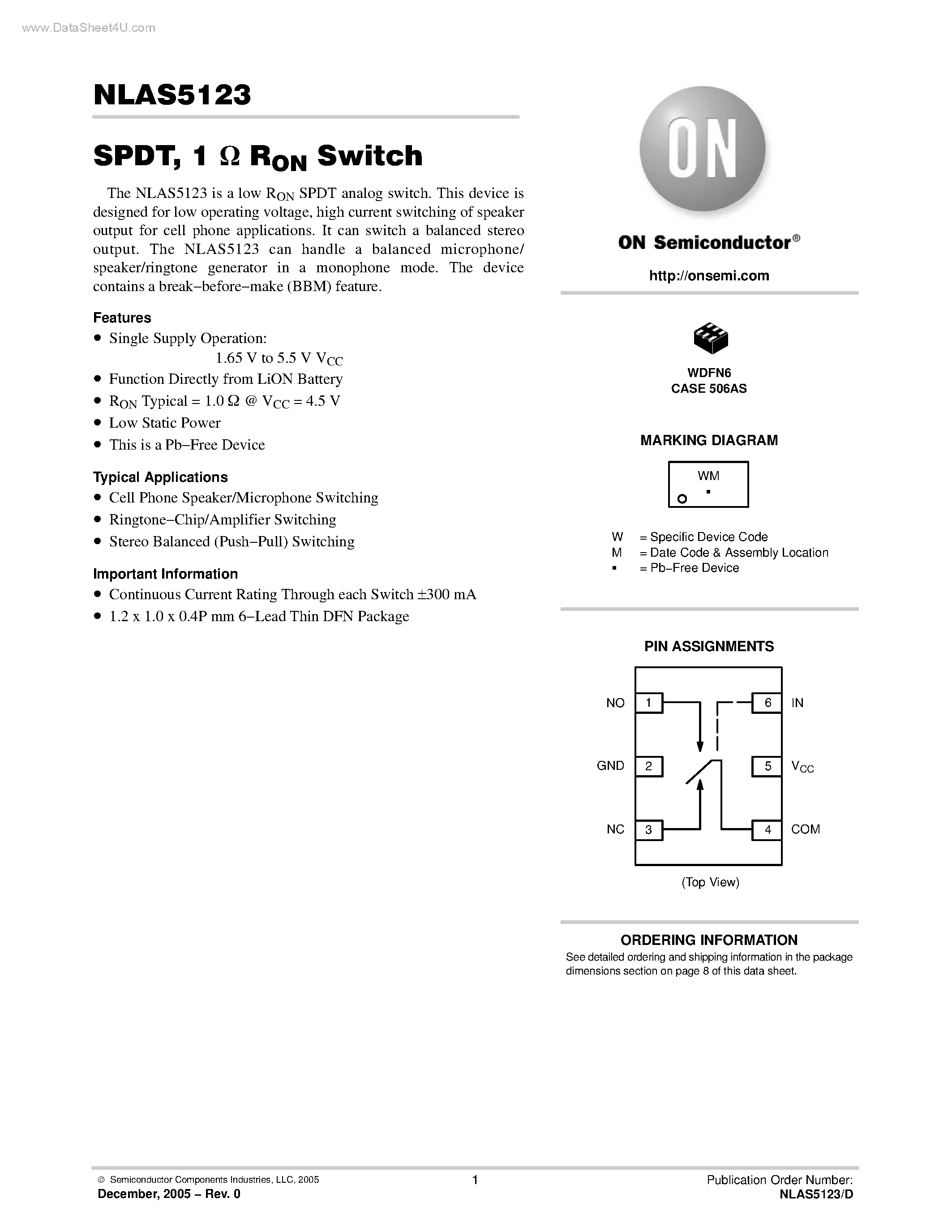 Datasheet NLAS5123 - SPDT 1 Ohm Ron Switch page 1
