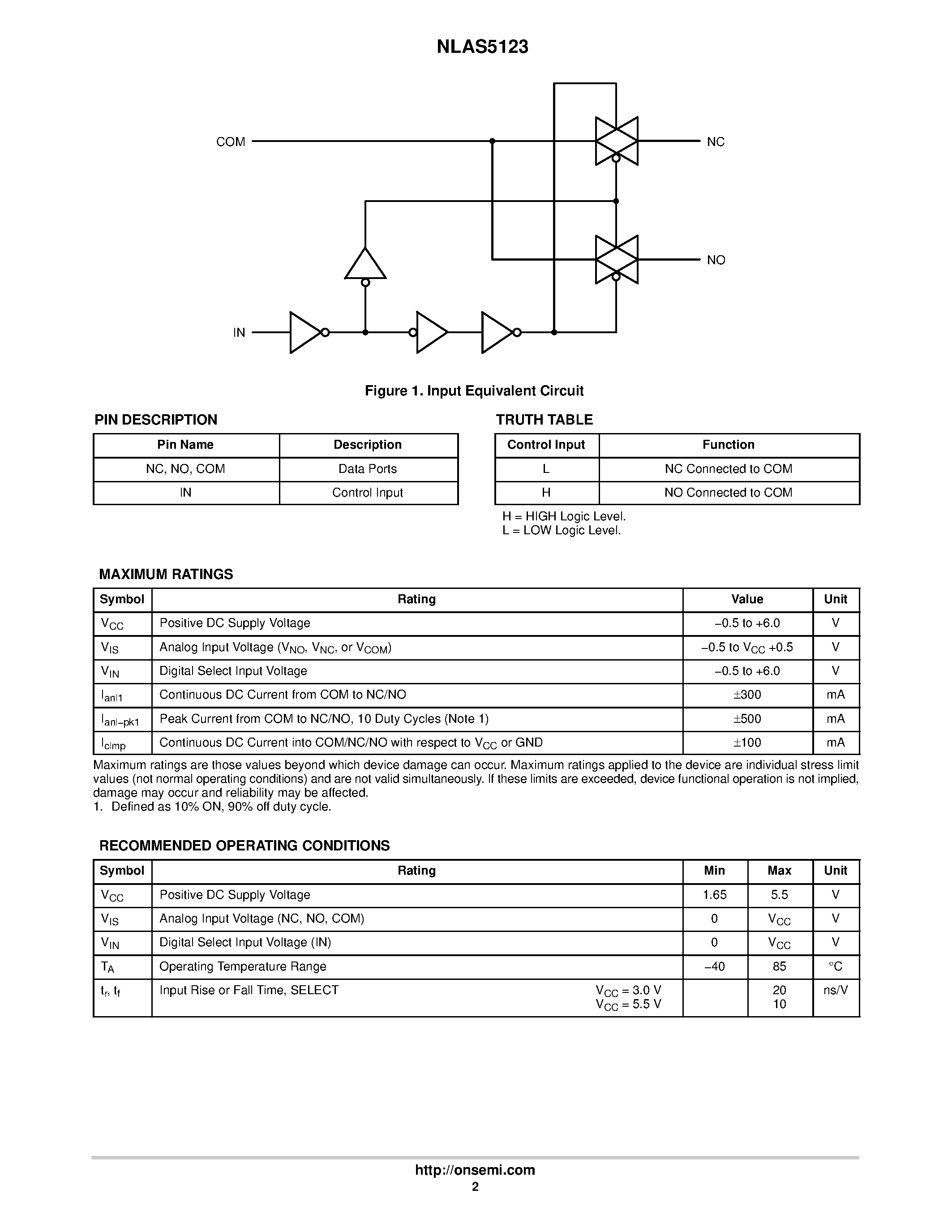 Datasheet NLAS5123 - SPDT 1 Ohm Ron Switch page 2