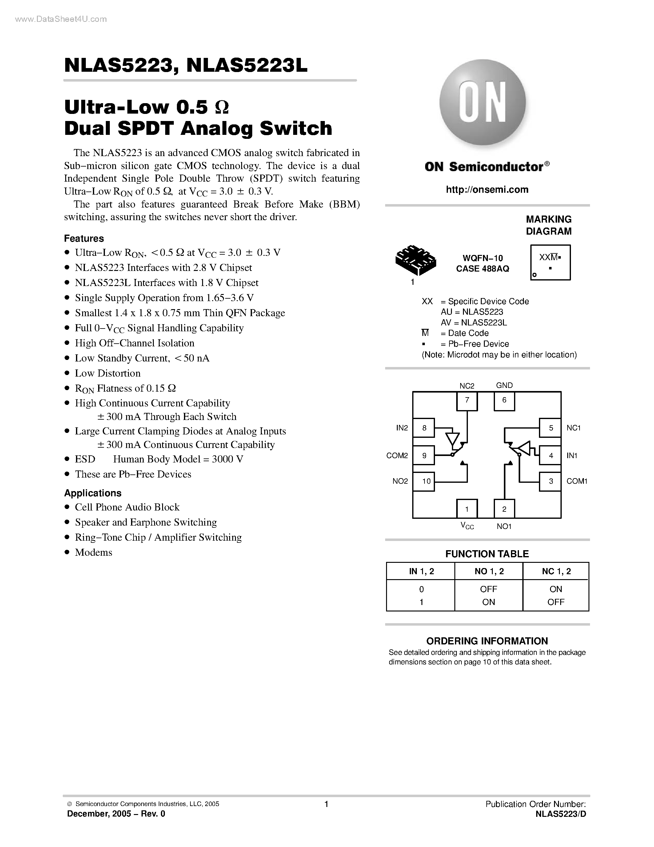 Datasheet NLAS5223 - Ultra-Low 0.5ohm Dual SPDT Analog Switch page 1