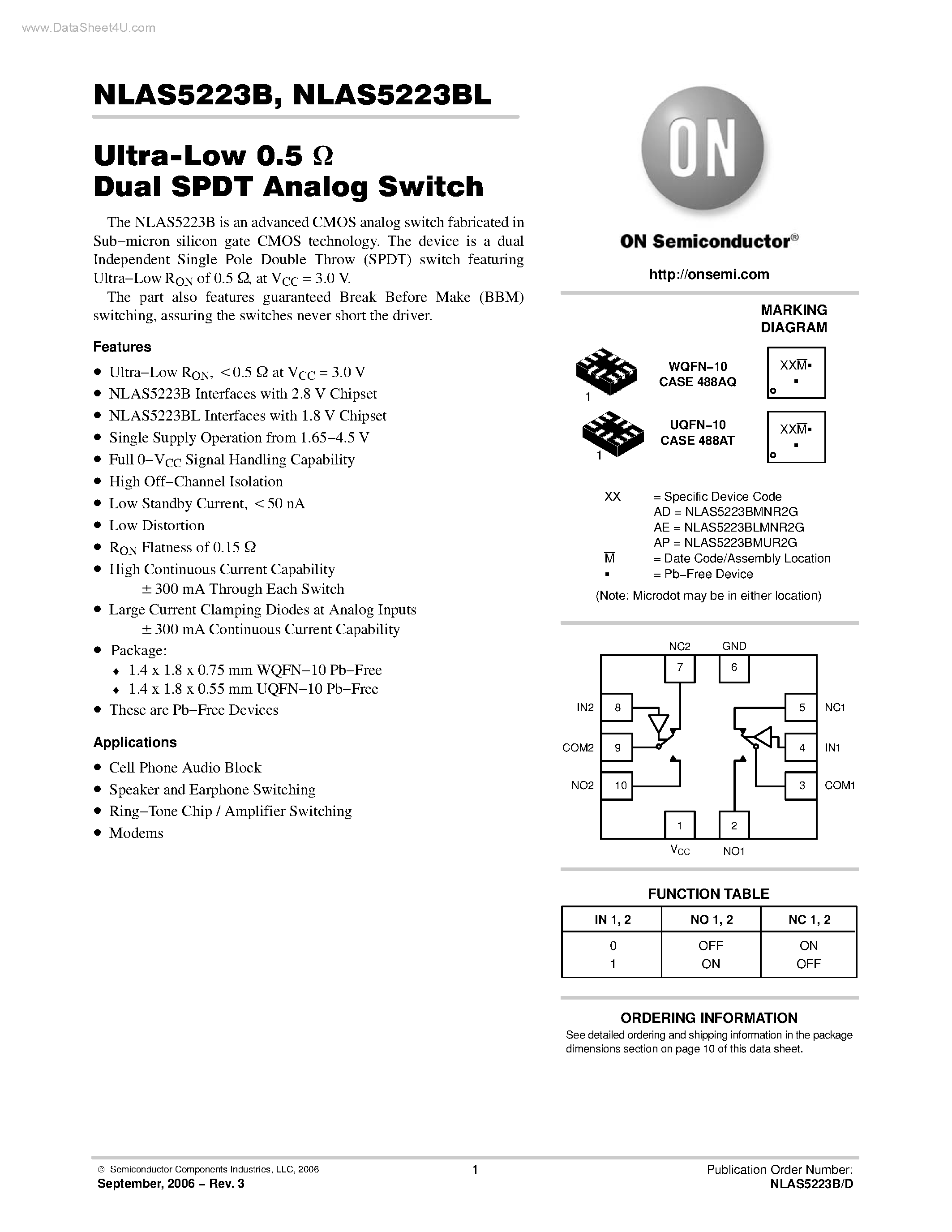 Datasheet NLAS5223B - Ultra-Low 0.5ohm Dual SPDT Analog Switch page 1