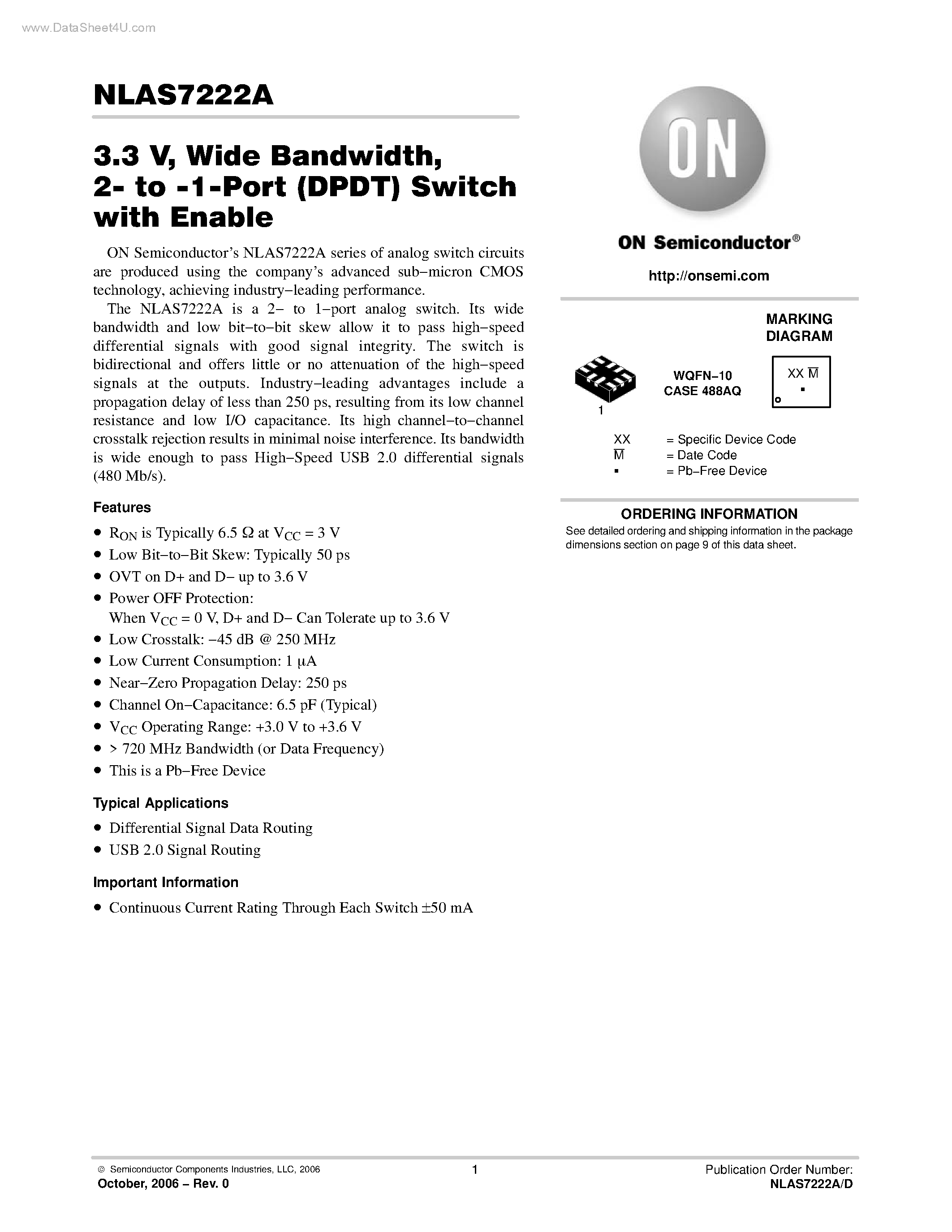Datasheet NLAS7222A page 1 Datasheet NLAS7222A - DPDT Switch page 1