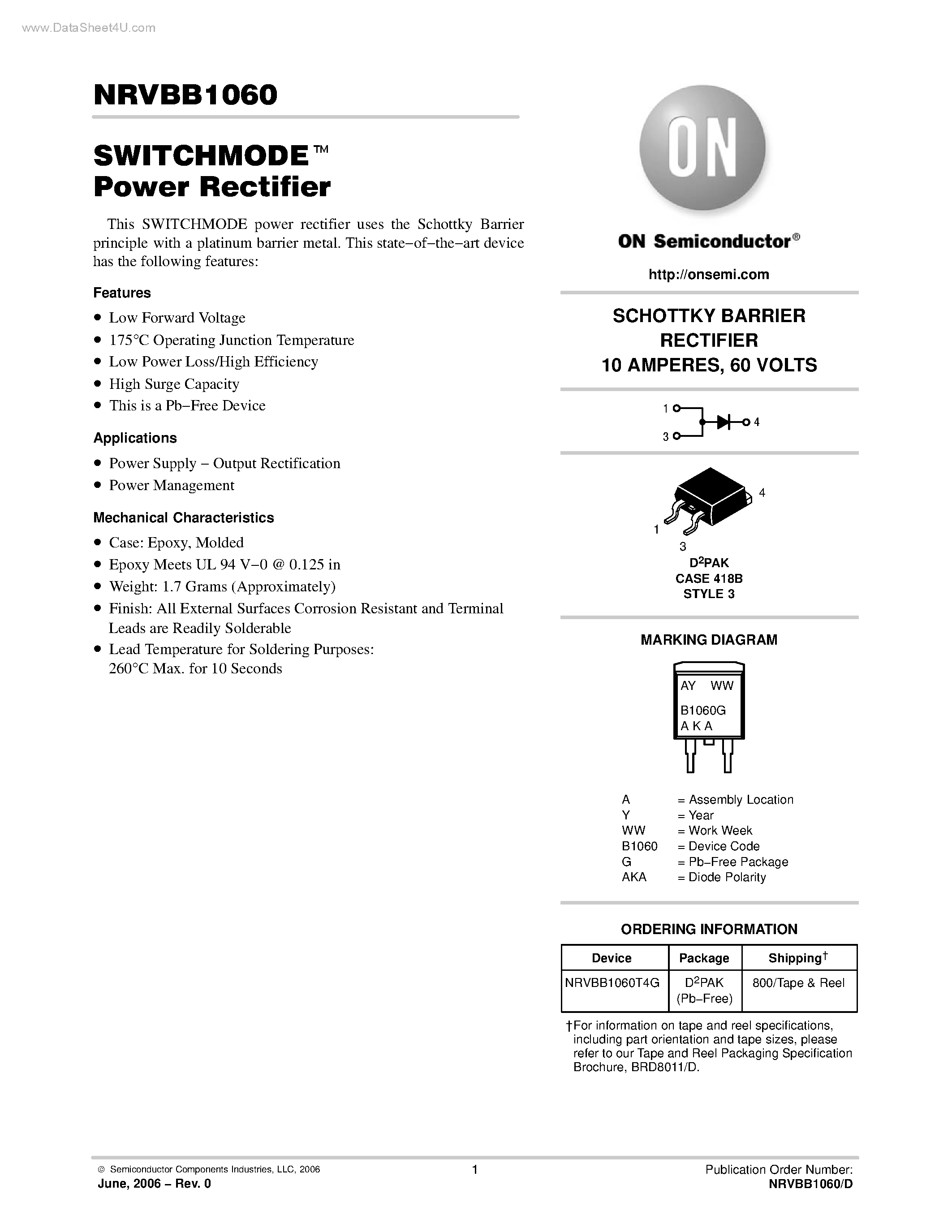 Даташит NRVBB1060 - SWITCHMODE Power Rectifier страница 1
