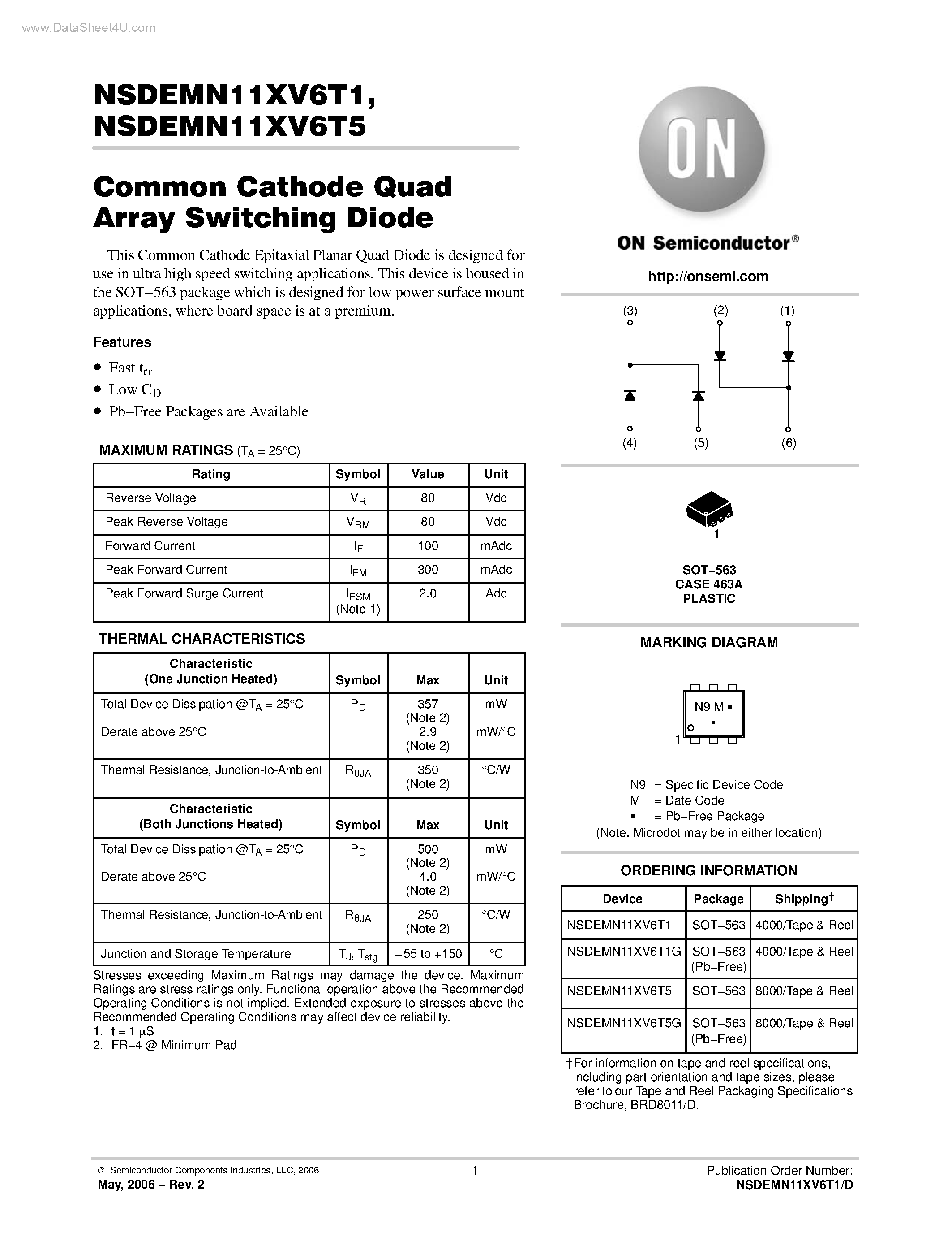 Datasheet NSDEMN11XV6T1 - (NSDEMN11XV6T1 / NSDEMN11XV6T5) Common Cathode Quad Array Switching Diode page 1
