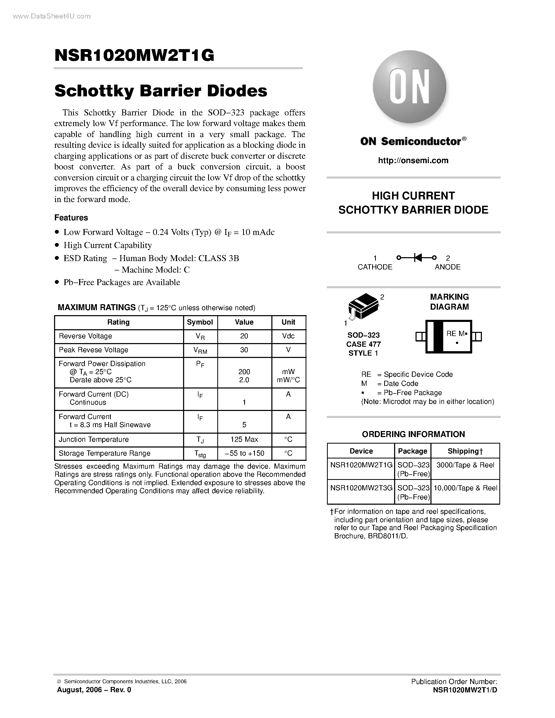 Даташит на микросхему NSR1020MW2T1G страница 1 Даташит NSR1020MW2T1G - Schottky Barrier Diodes страница 1