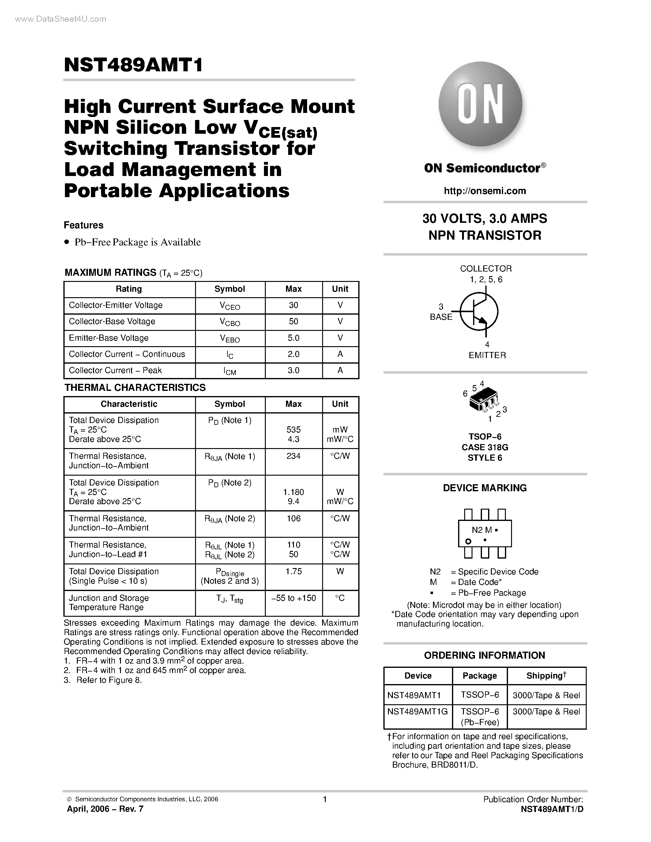 Datasheet NST489AMT1 page 1 Datasheet NST489AMT1 - High Current Surface Mount NPN Silicon Low VCE(sat) Switching Transistor page 1