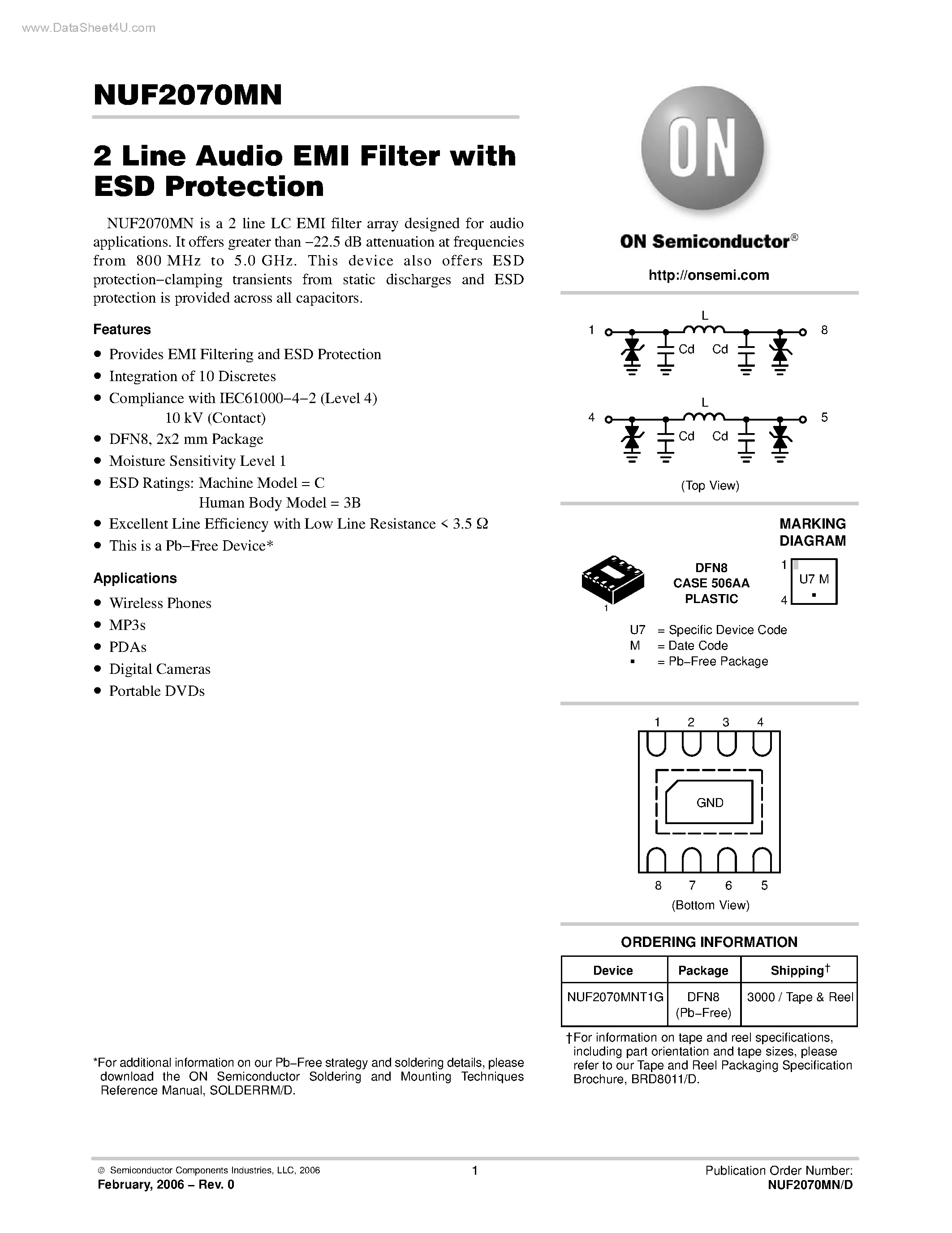 Datasheet NUF2070MN - 2 Line Audio EMI Filter page 1