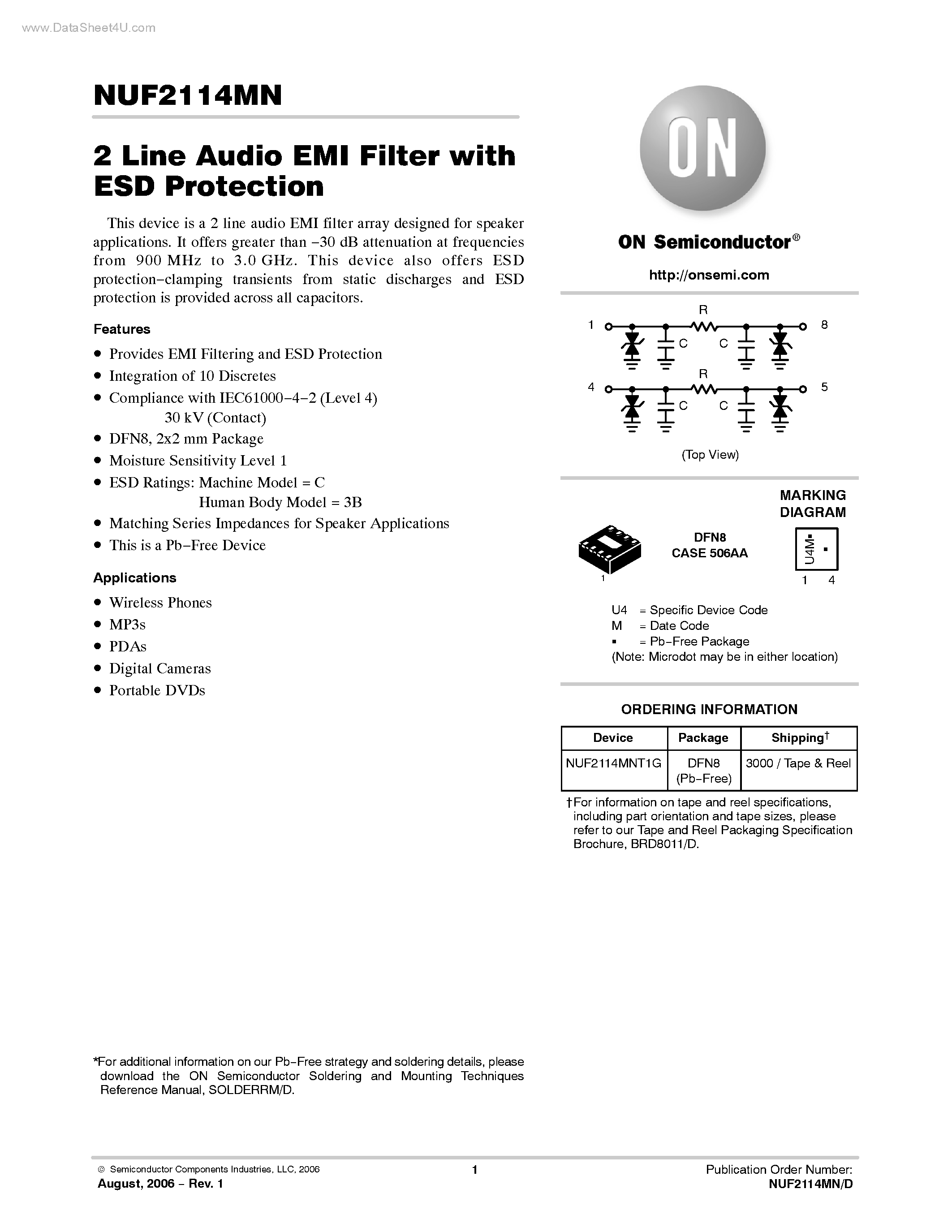Datasheet NUF2114MN - 2 Line Audio EMI Filter page 1
