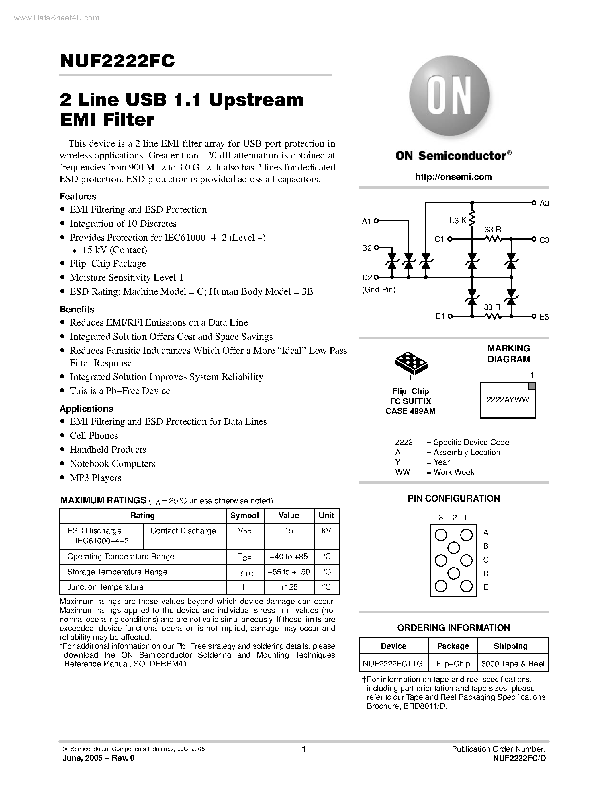 Datasheet NUF2222FC - 2 Line USB 1.1 Upstream EMI Filter page 1