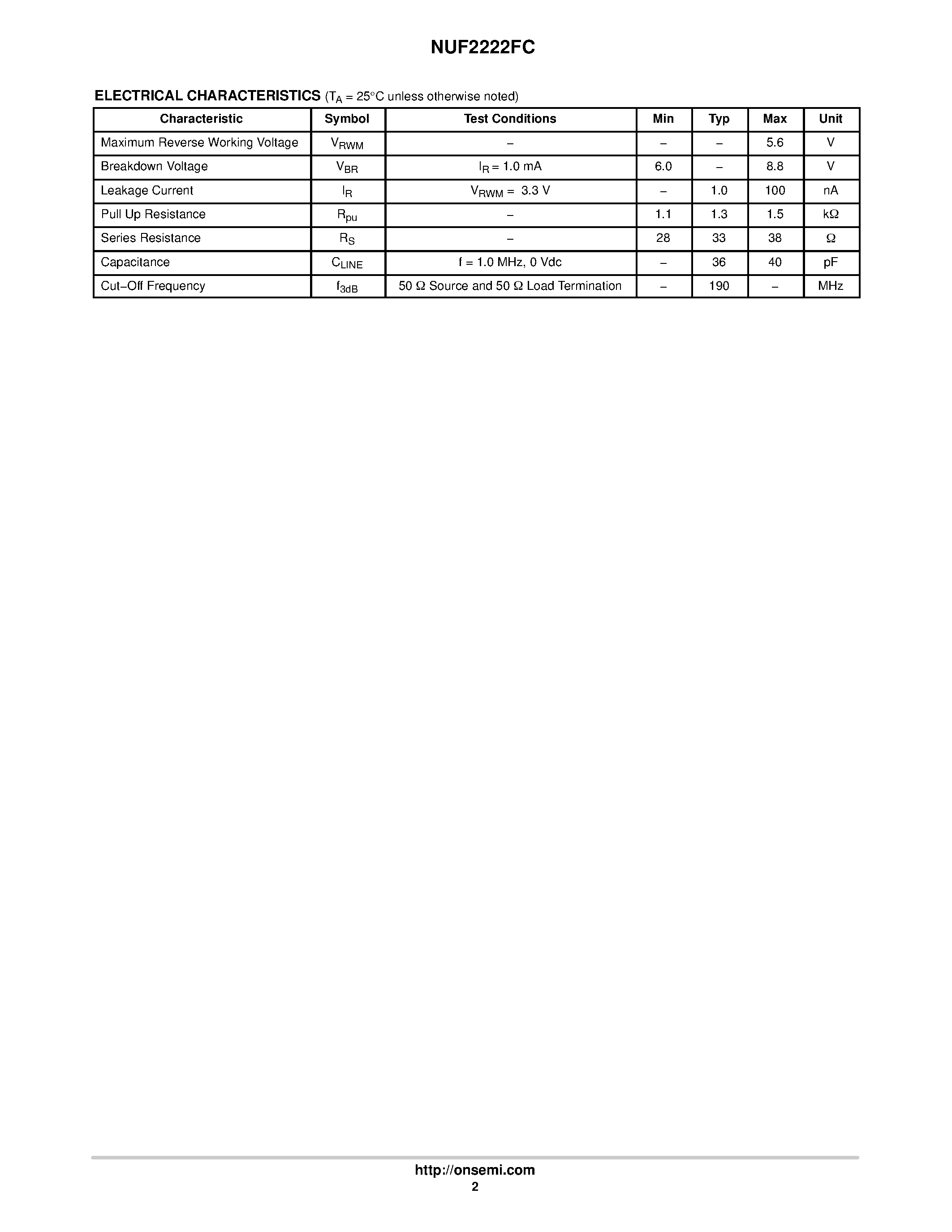 Datasheet NUF2222FC - 2 Line USB 1.1 Upstream EMI Filter page 2