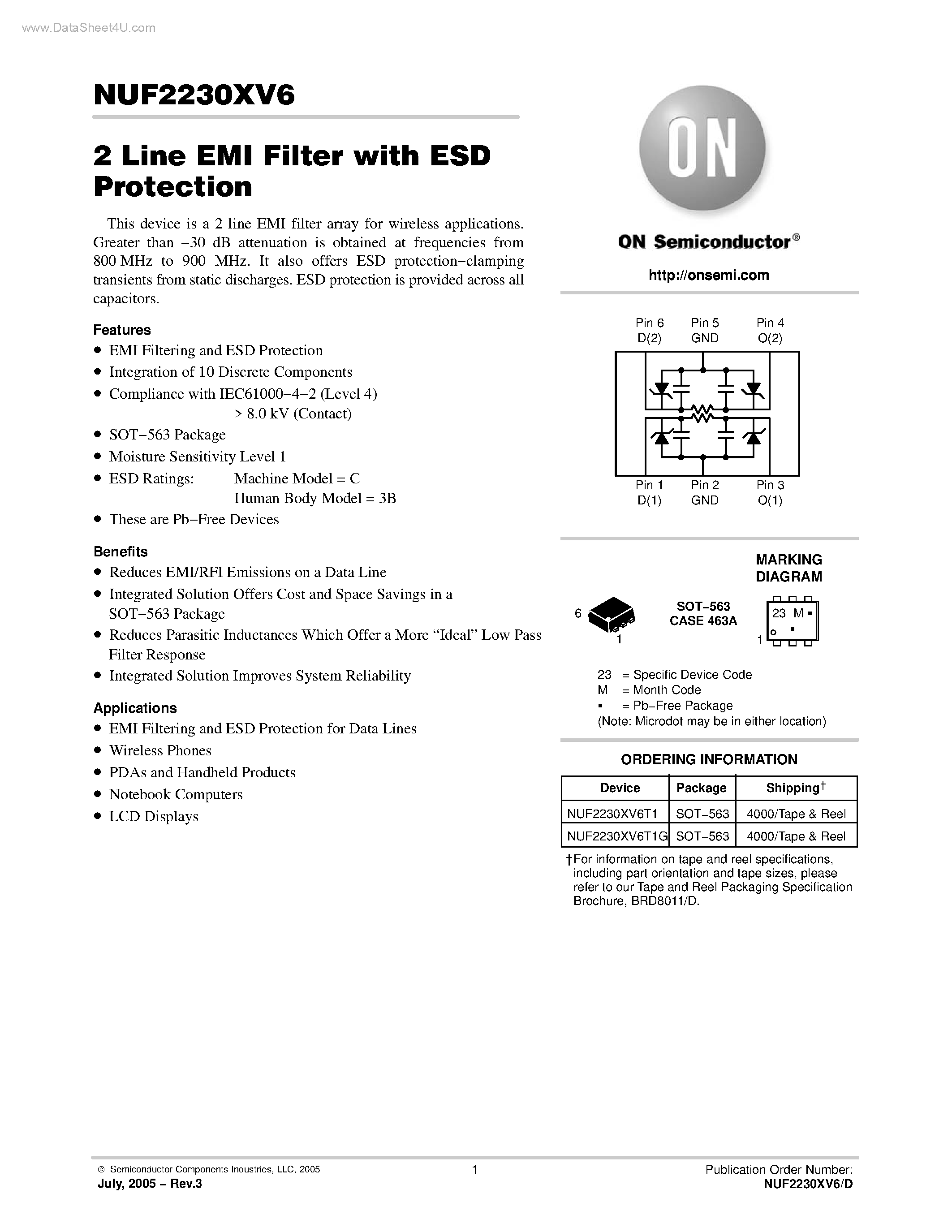 Datasheet NUF2230XV6 - 2 Line EMI Filter page 1