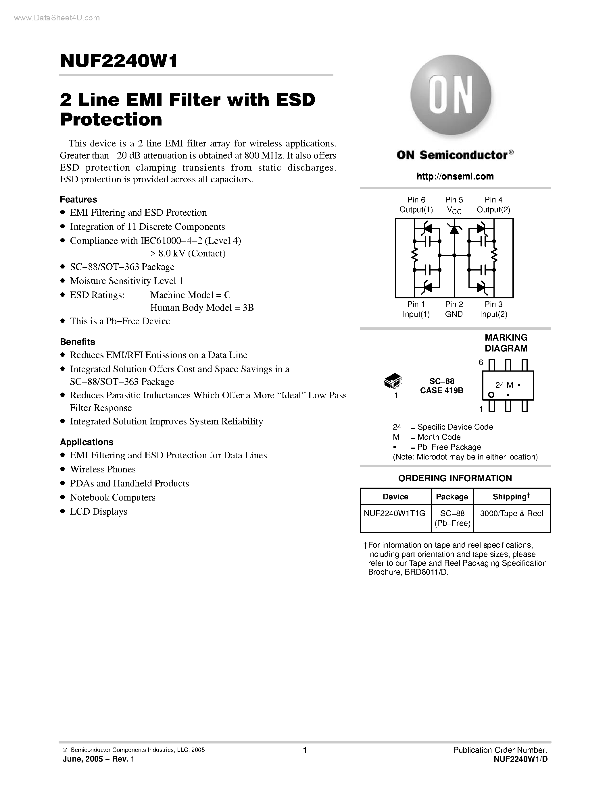 Datasheet NUF2240W1 - 2 Line EMI Filter page 1
