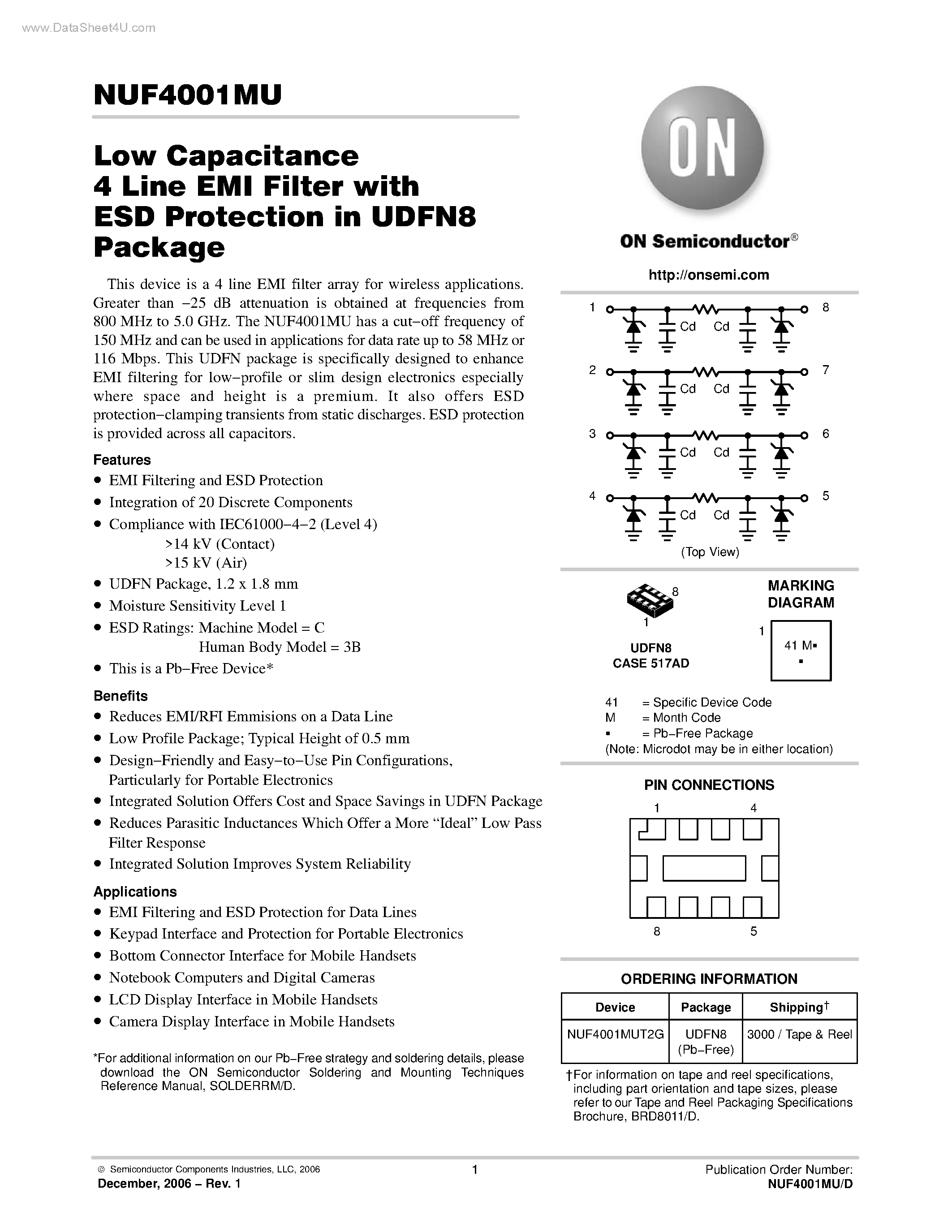 Datasheet NUF4001MU - Low Capacitance 4 Line EMI Filter page 1