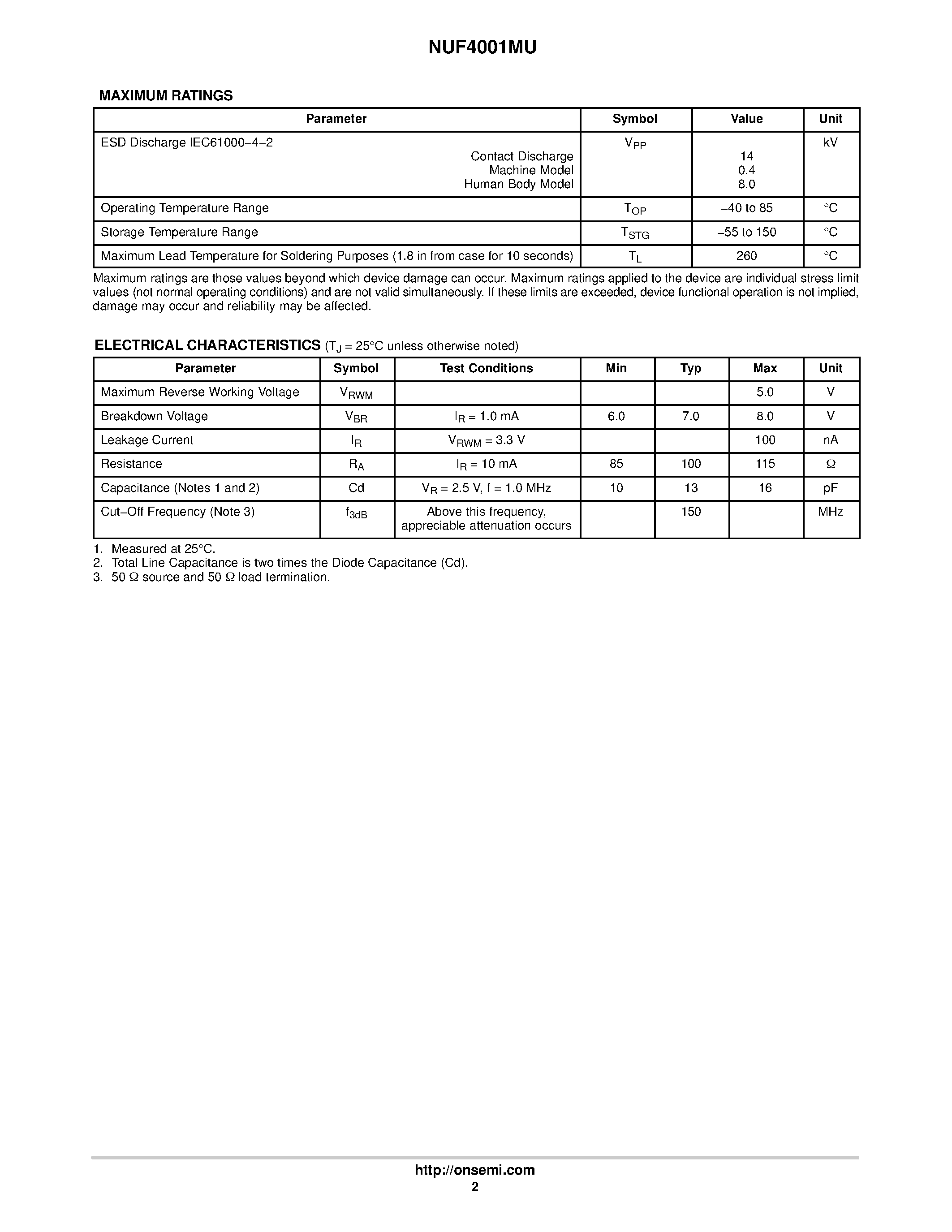 Datasheet NUF4001MU - Low Capacitance 4 Line EMI Filter page 2