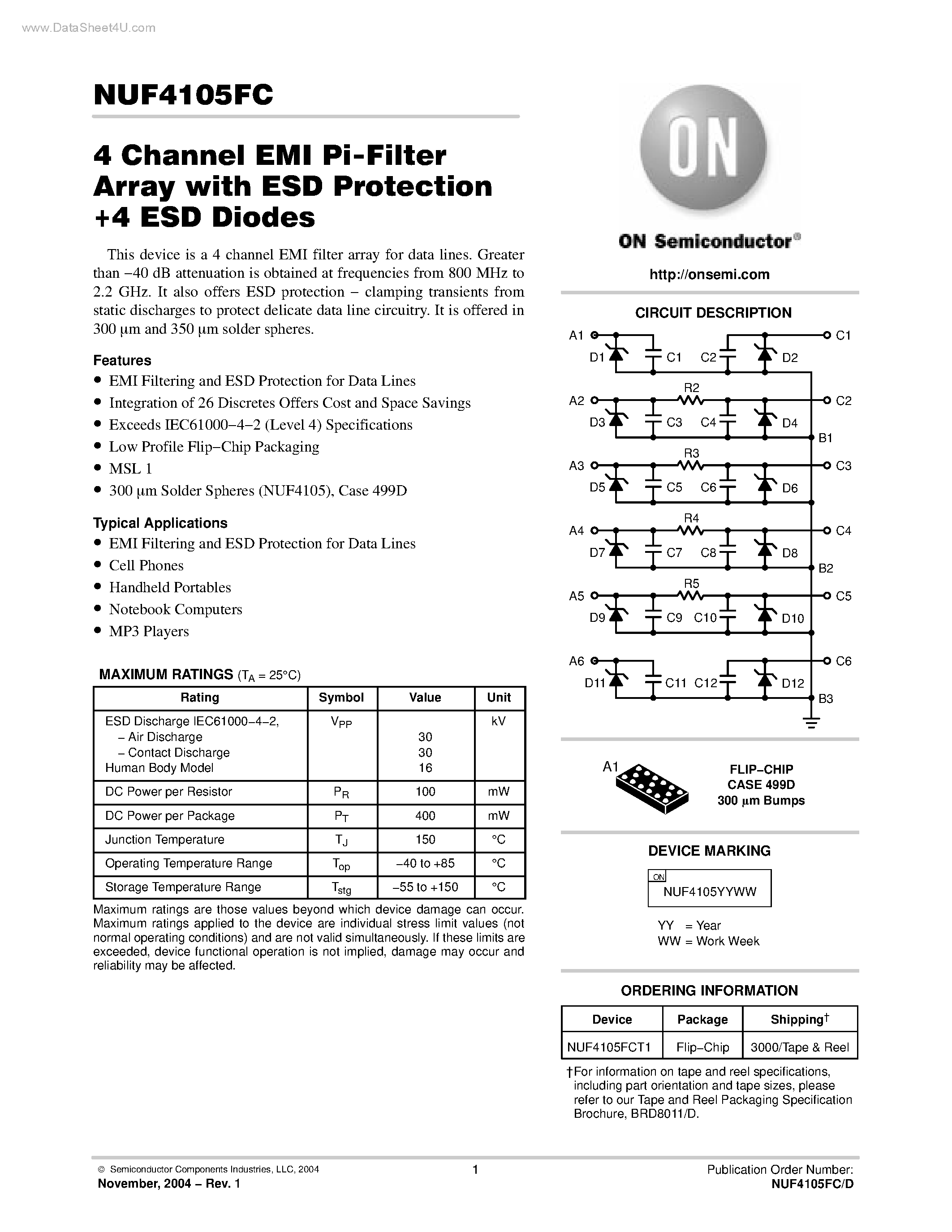 Даташит NUF4105FC - 4 Channel EMI Pi-Filter Array страница 1