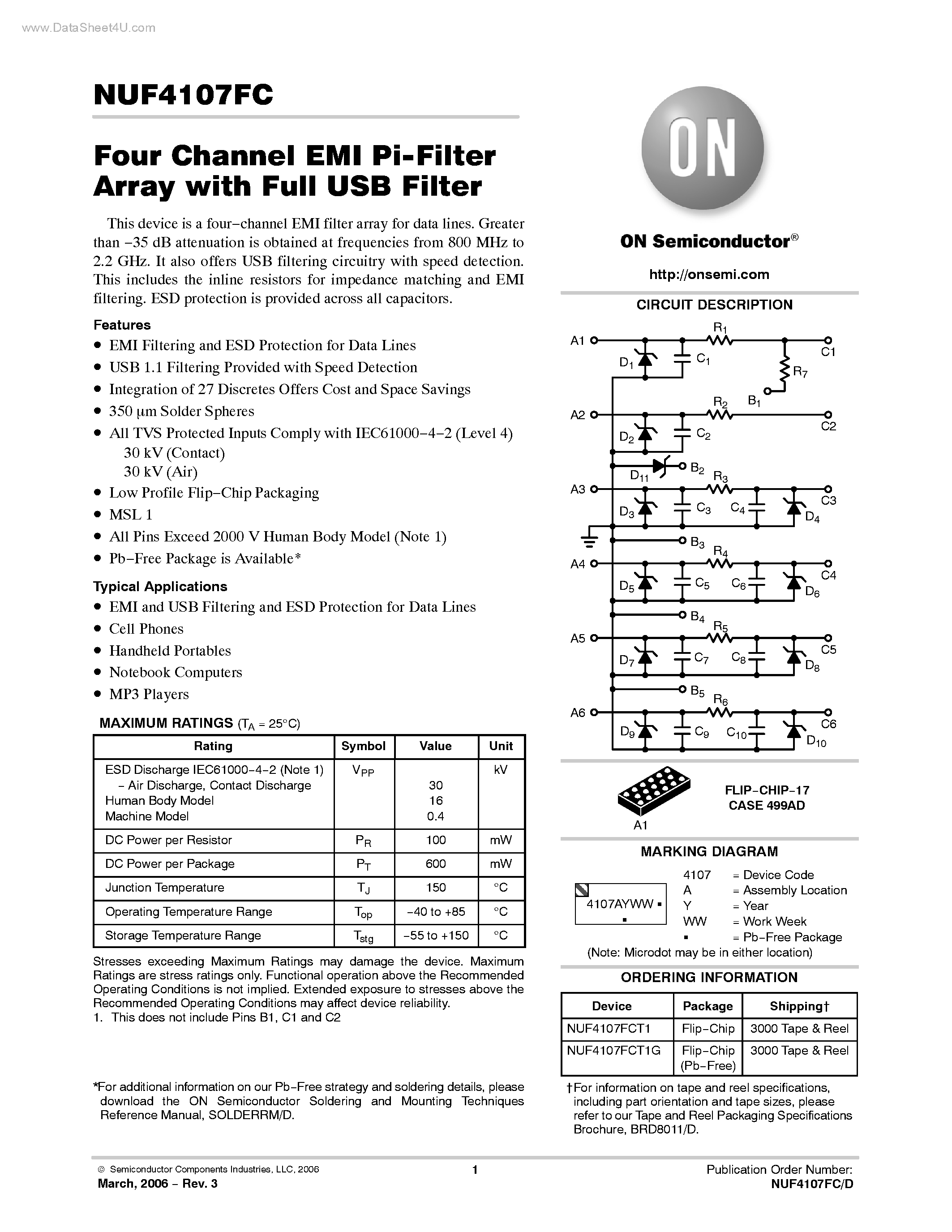 Даташит NUF4107FC - 4 Channel EMI Pi-Filter Array страница 1