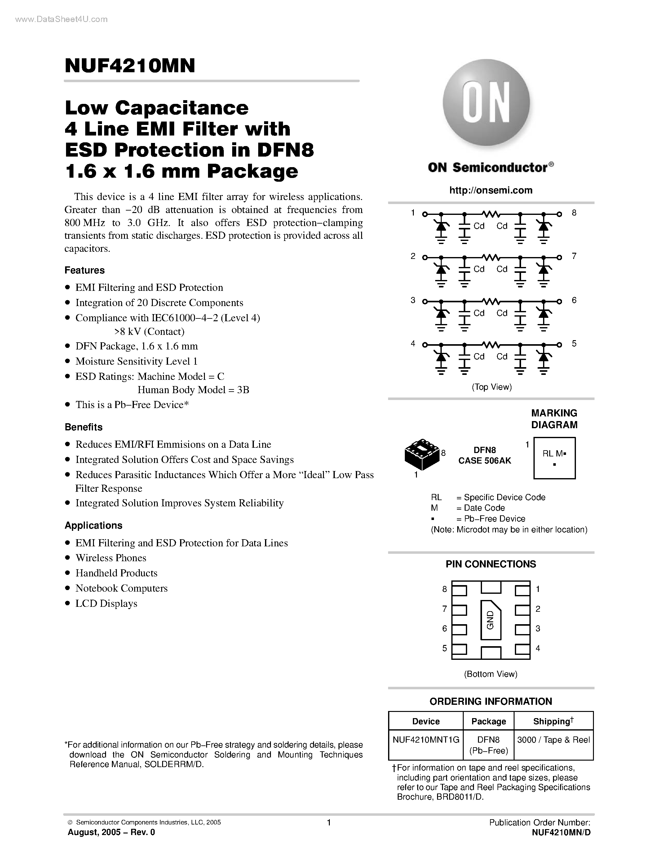 Даташит NUF4210MN - Low Capacitance 4 Line EMI Filter страница 1