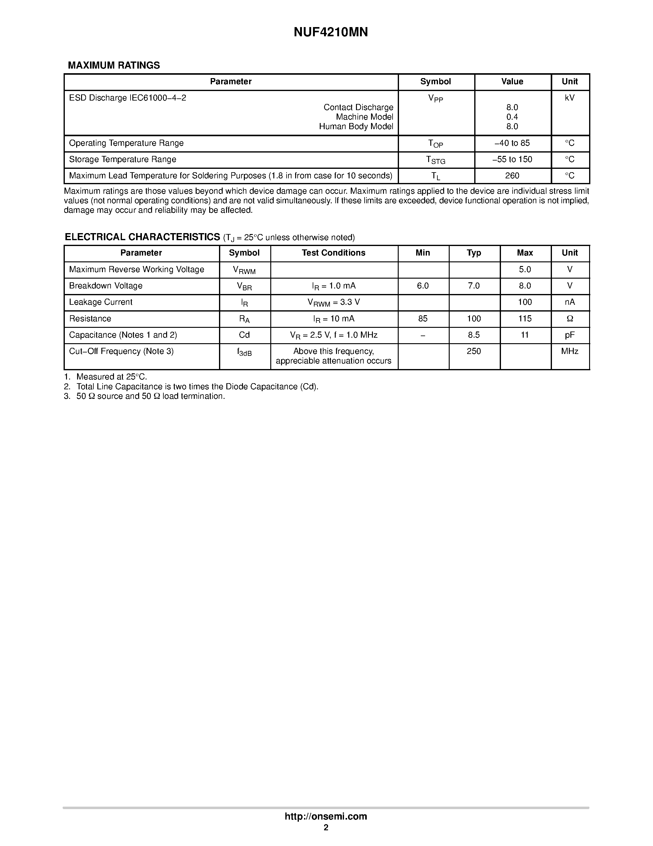 Даташит NUF4210MN - Low Capacitance 4 Line EMI Filter страница 2