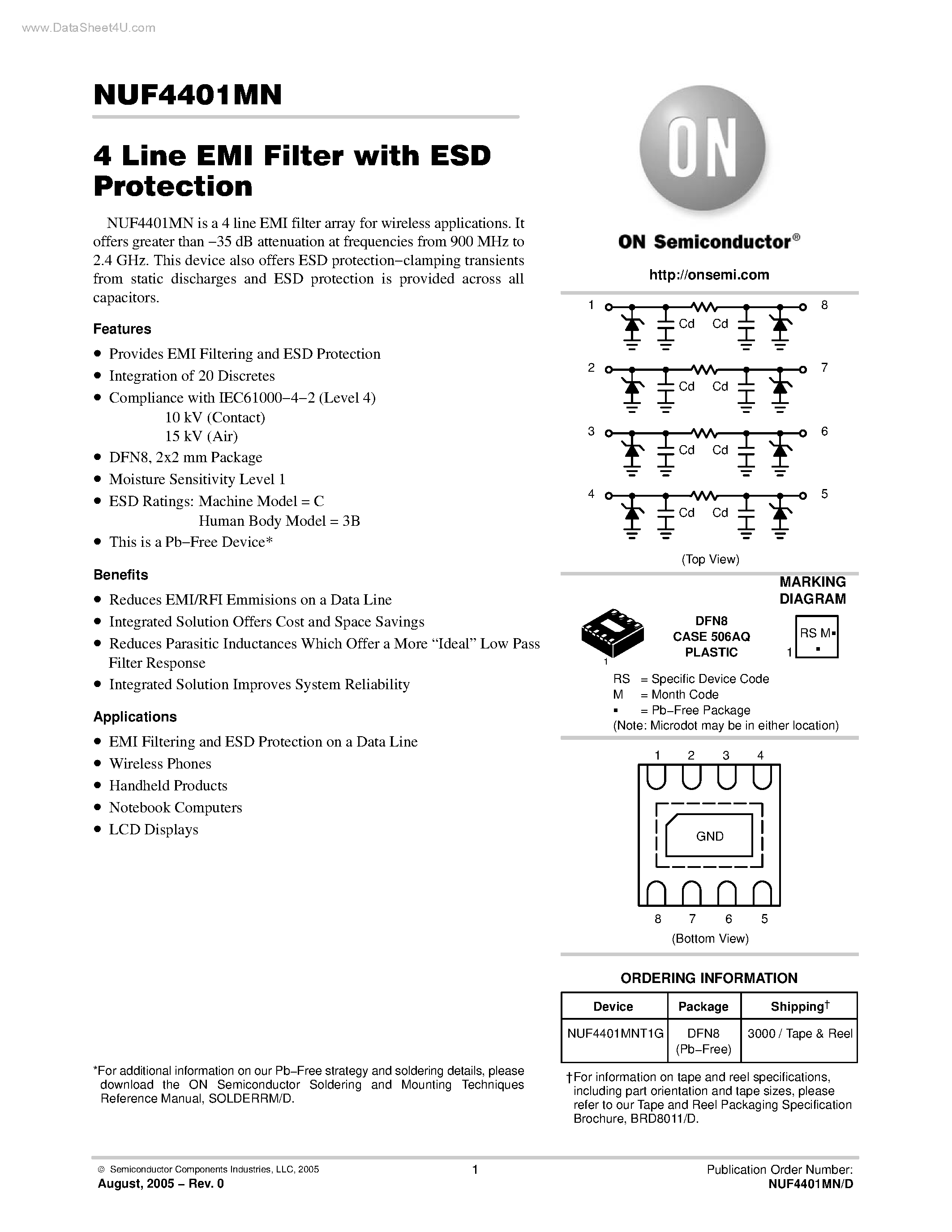 Datasheet NUF4401MN page 1 Datasheet NUF4401MN - 4 Line EMI Filter page 1