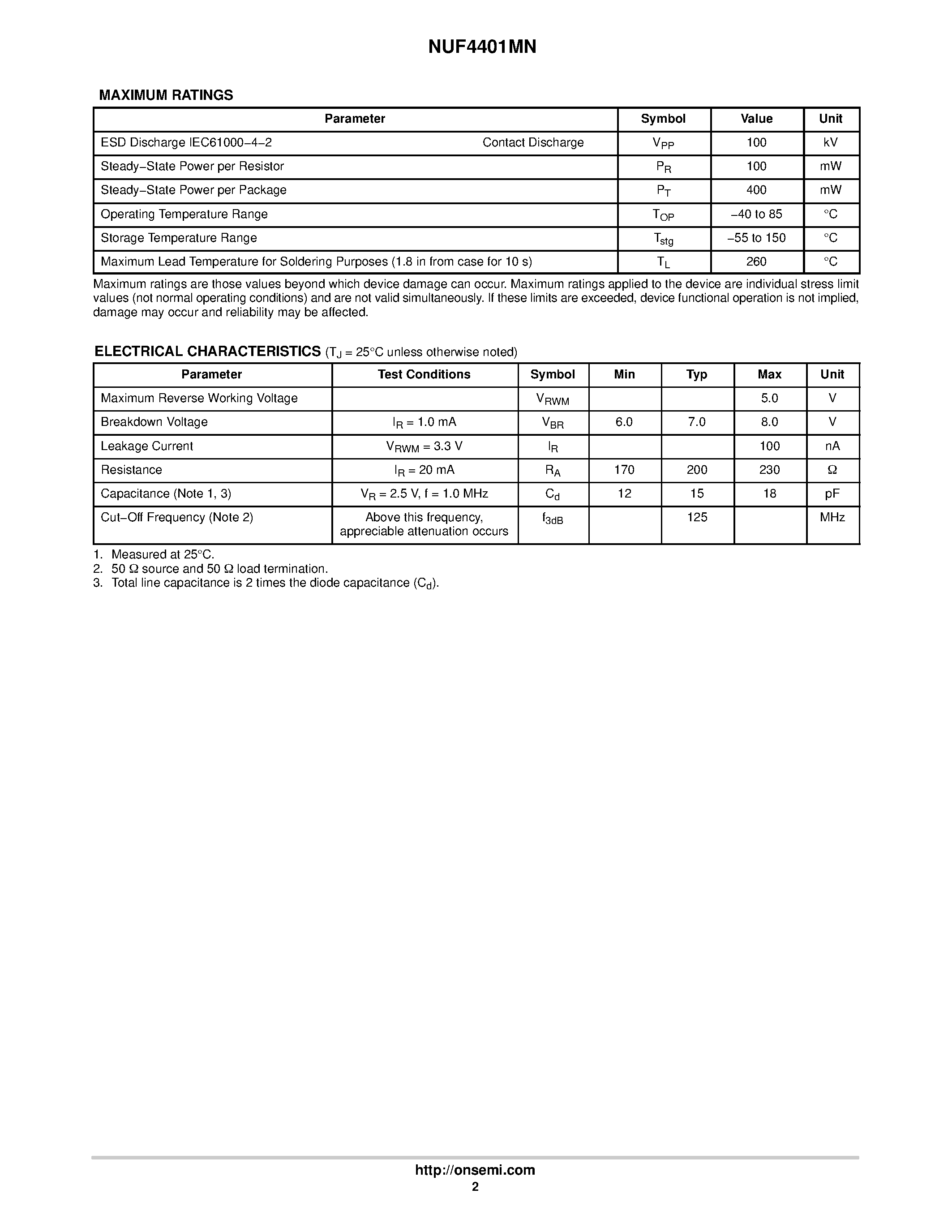 Datasheet NUF4401MN page 2 Datasheet NUF4401MN - 4 Line EMI Filter page 2
