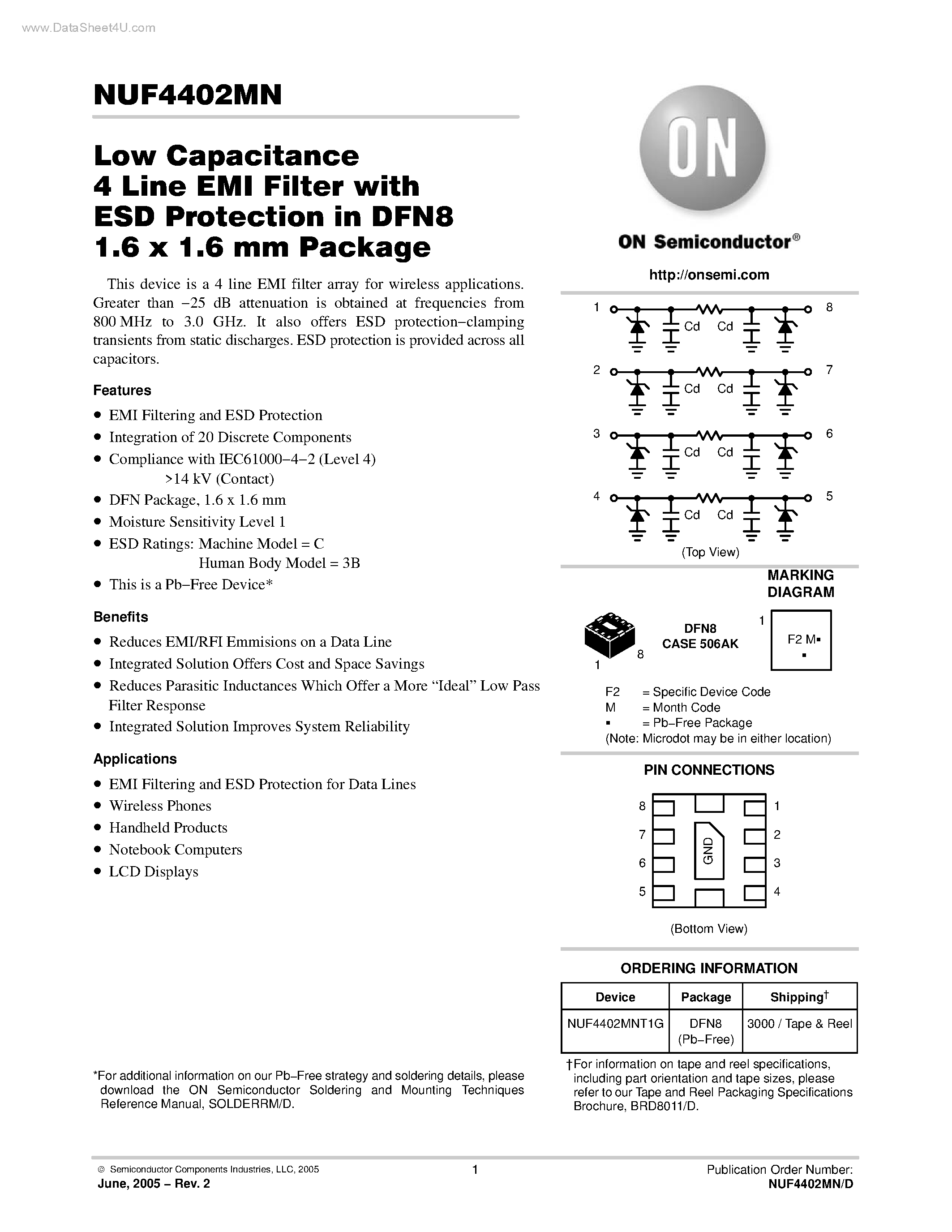 Datasheet NUF4402MN page 1 Datasheet NUF4402MN - Low Capacitance 4 Line EMI Filter page 1