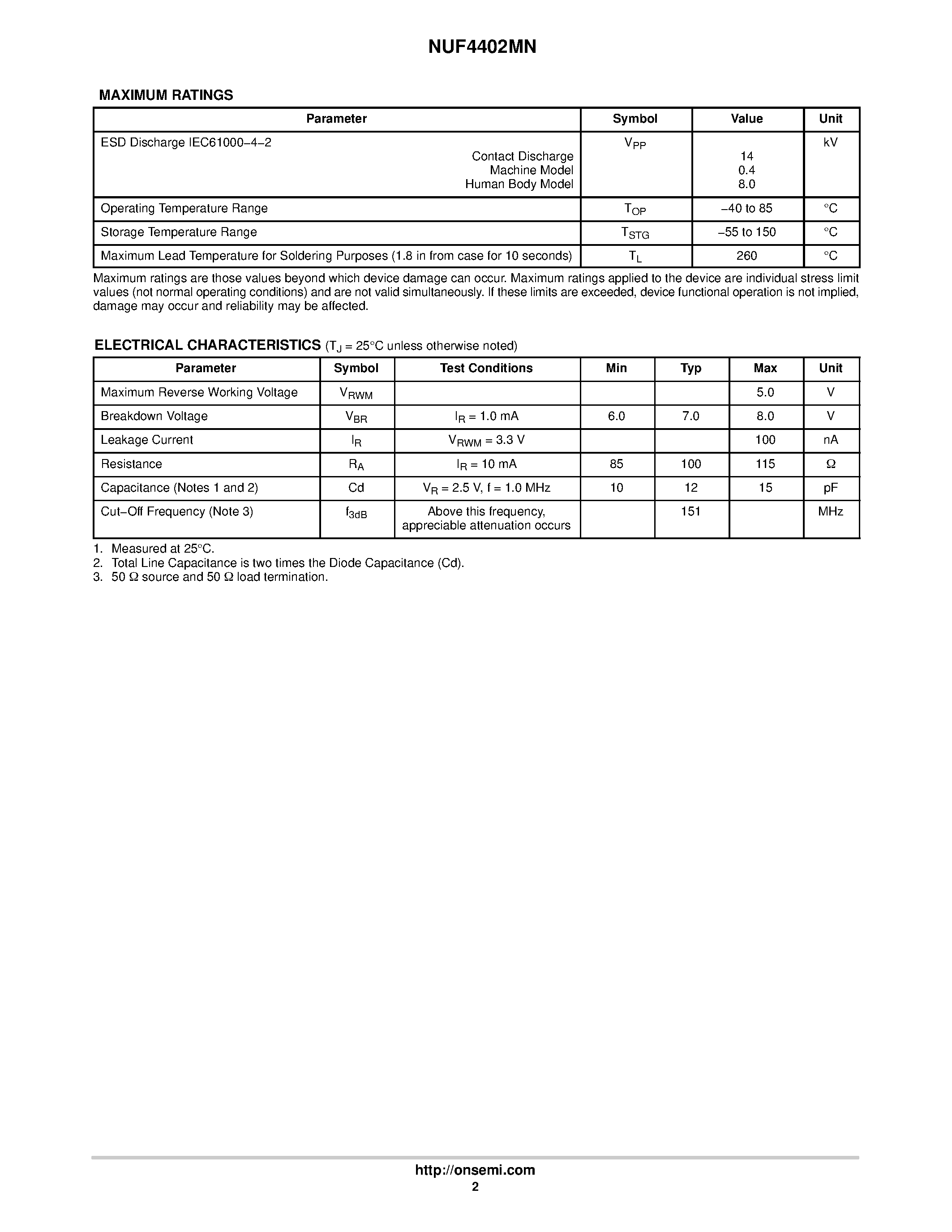 Datasheet NUF4402MN page 2 Datasheet NUF4402MN - Low Capacitance 4 Line EMI Filter page 2
