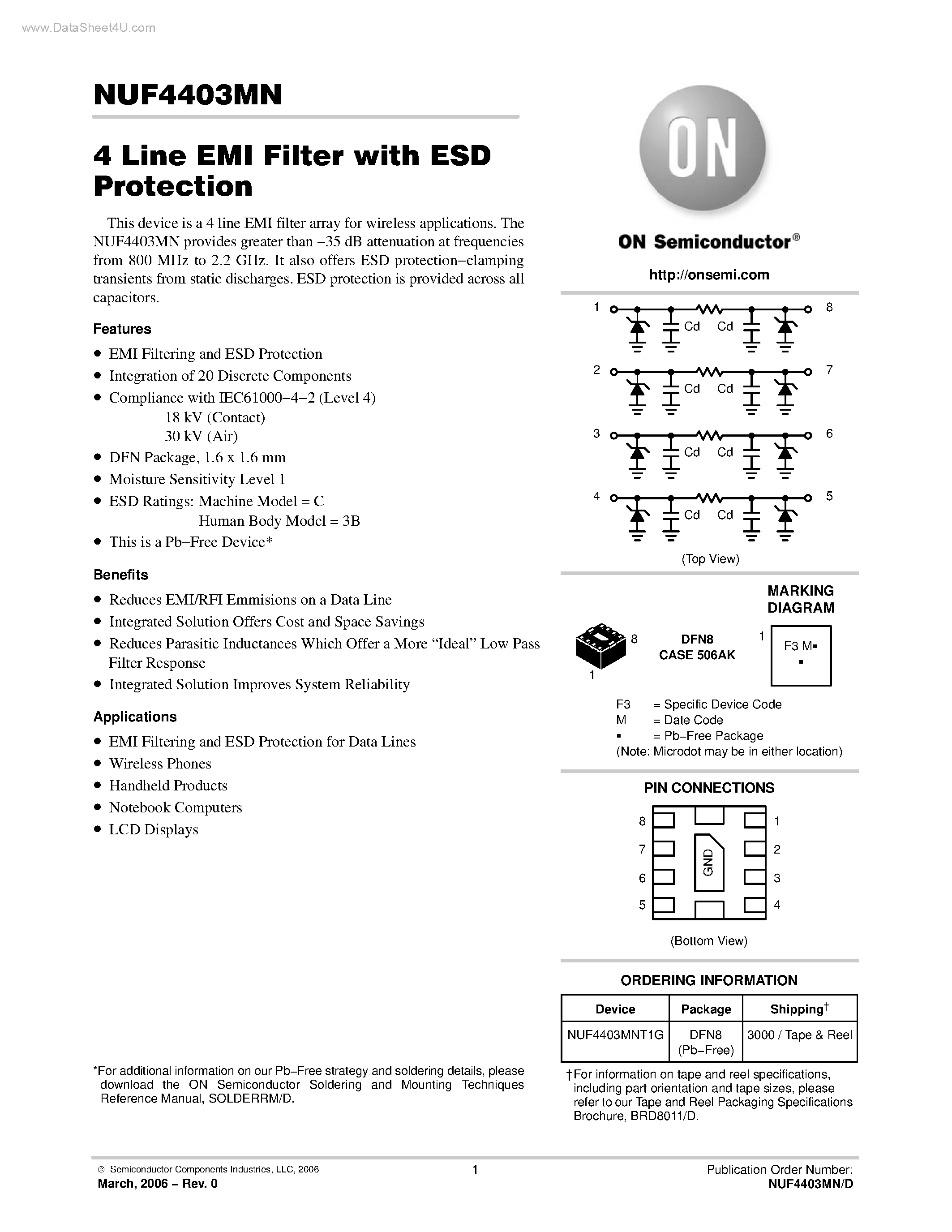 Даташит NUF4403MN - 4 Line EMI Filter страница 1