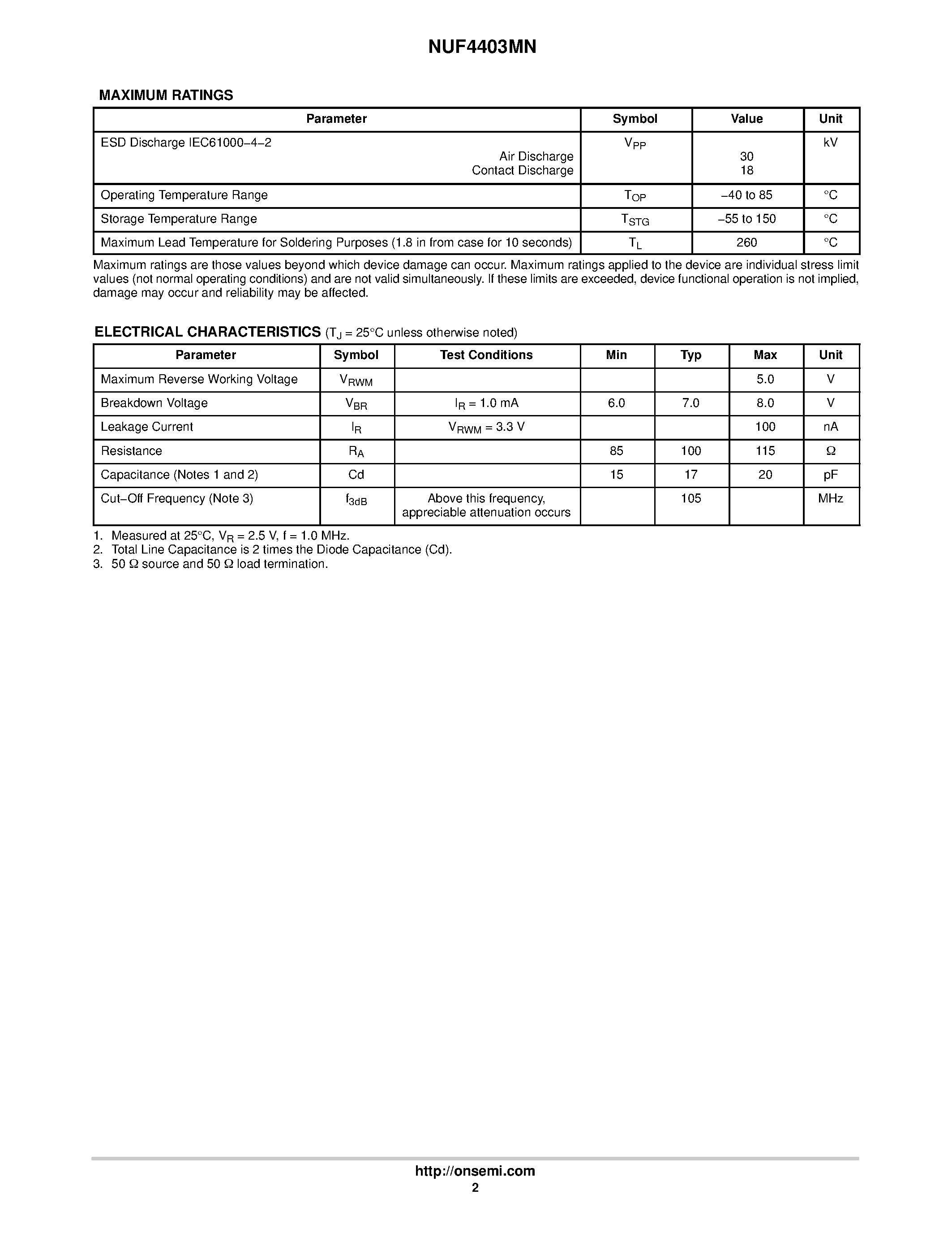 Даташит NUF4403MN - 4 Line EMI Filter страница 2