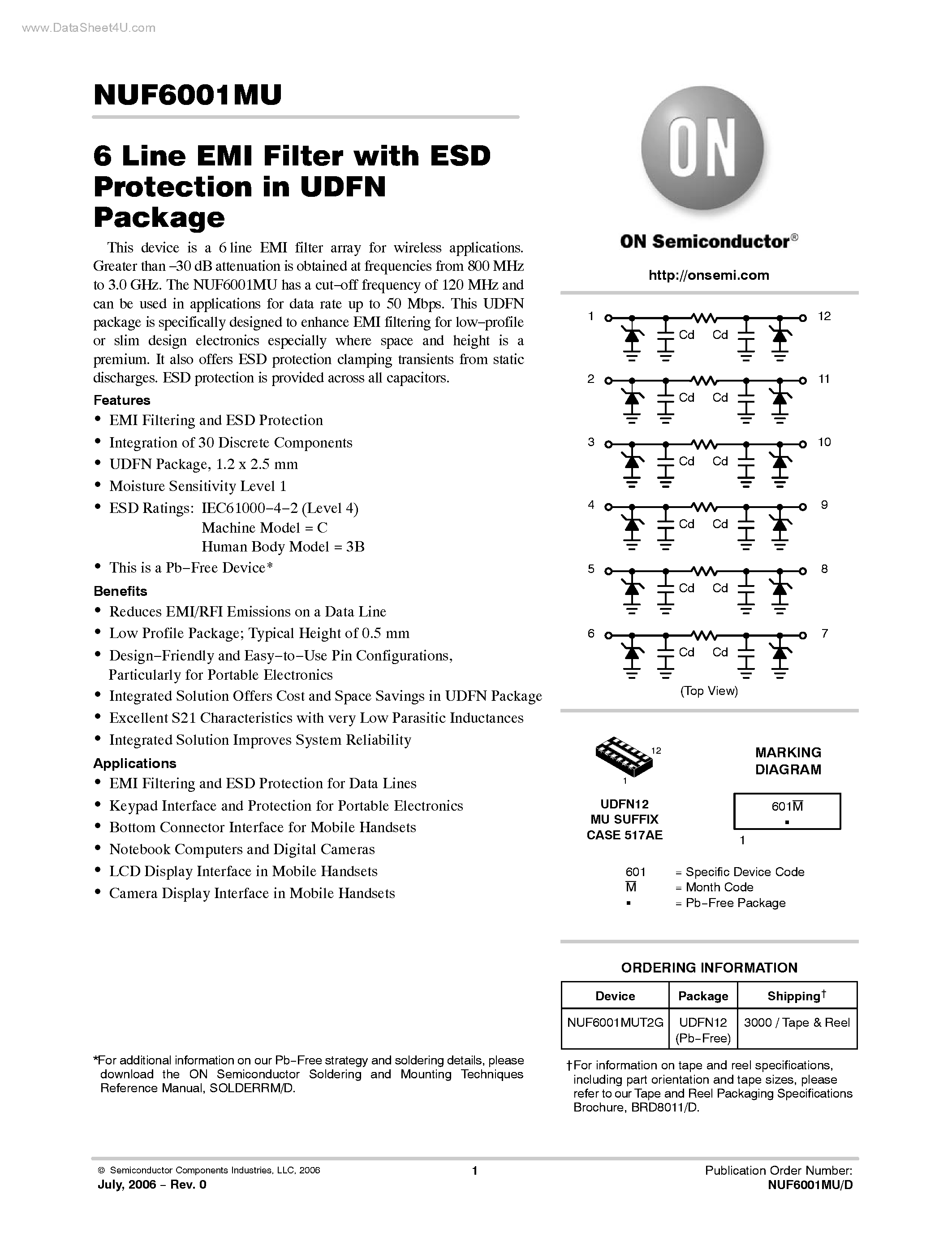 Datasheet NUF6001MU - 6 Line EMI Filter page 1